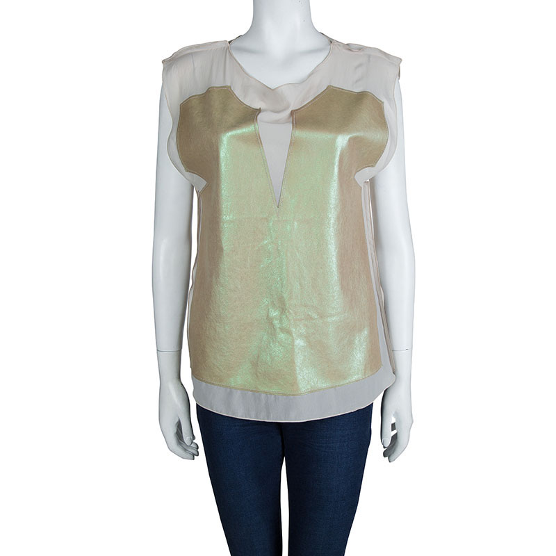 

Bottega Veneta Beige Metallic Leather Panel Detail Sheer Sleeveless Top