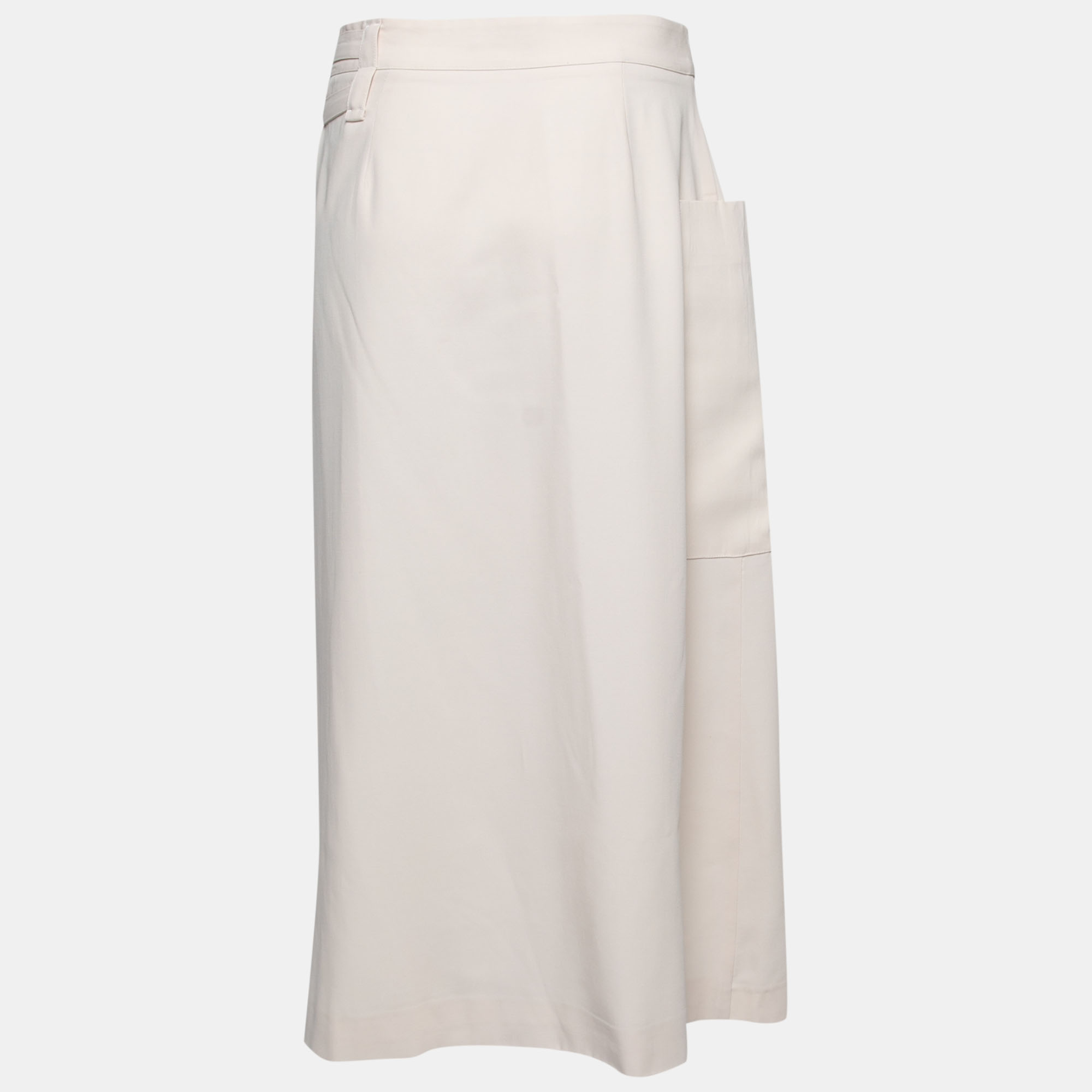 

Bottega Veneta Cream Wool Buckled Waist Wrap Midi Skirt