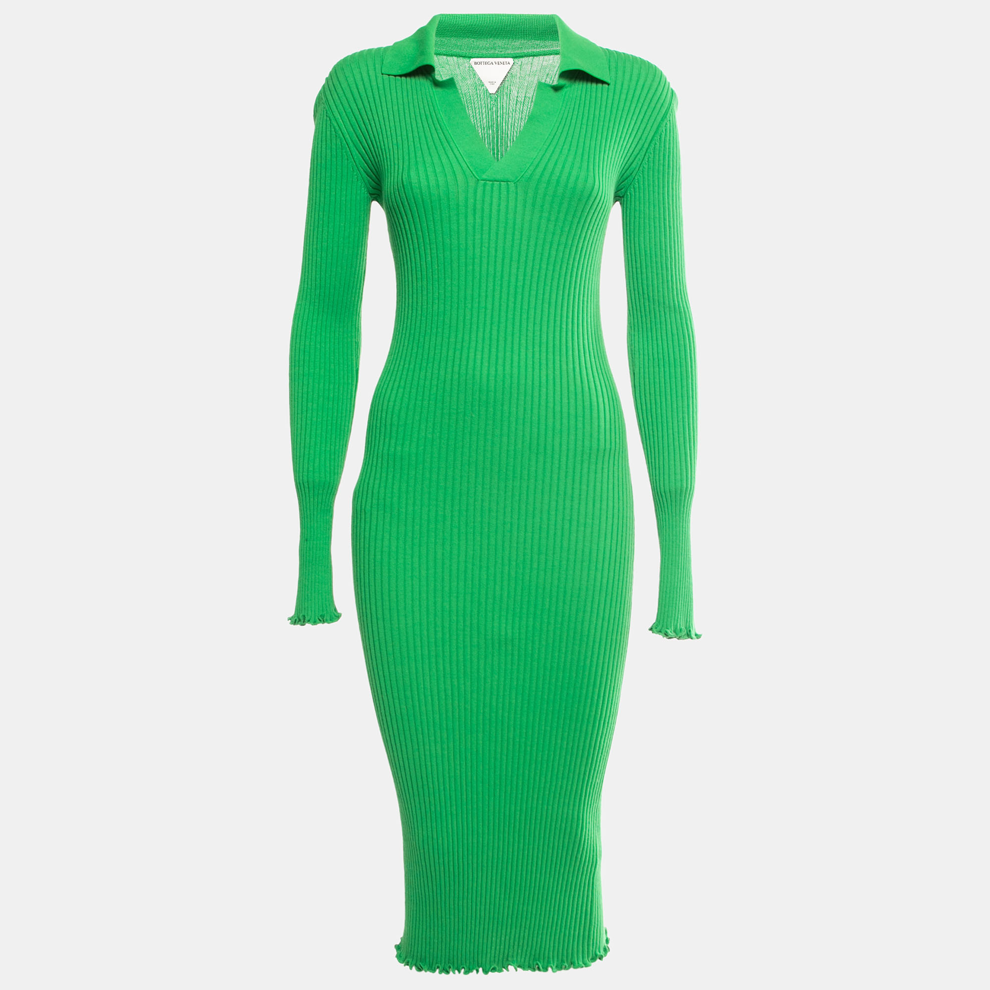 

Bottega Veneta Green Ribbed Cotton Knit Collared Dress M