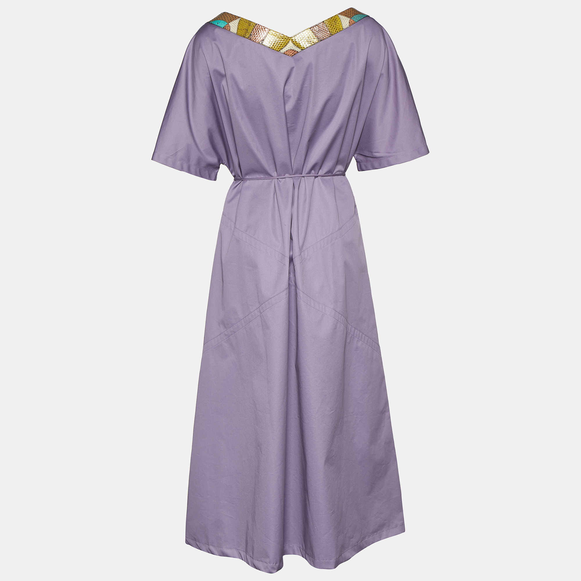 

Bottega Veneta Purple Cotton & Leather Neck Trim Belted Maxi Dress