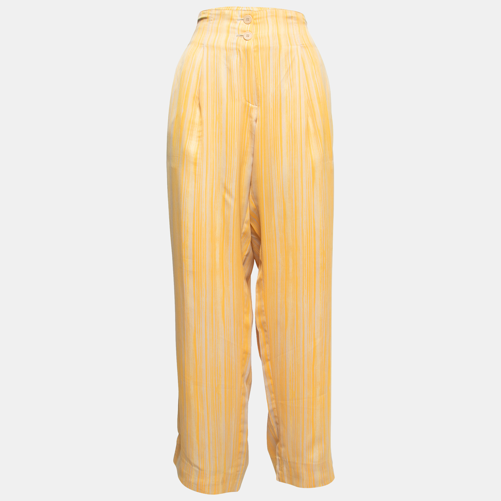 Pre-owned Bottega Veneta Yellow Striped Satin Wide Leg Trousers L