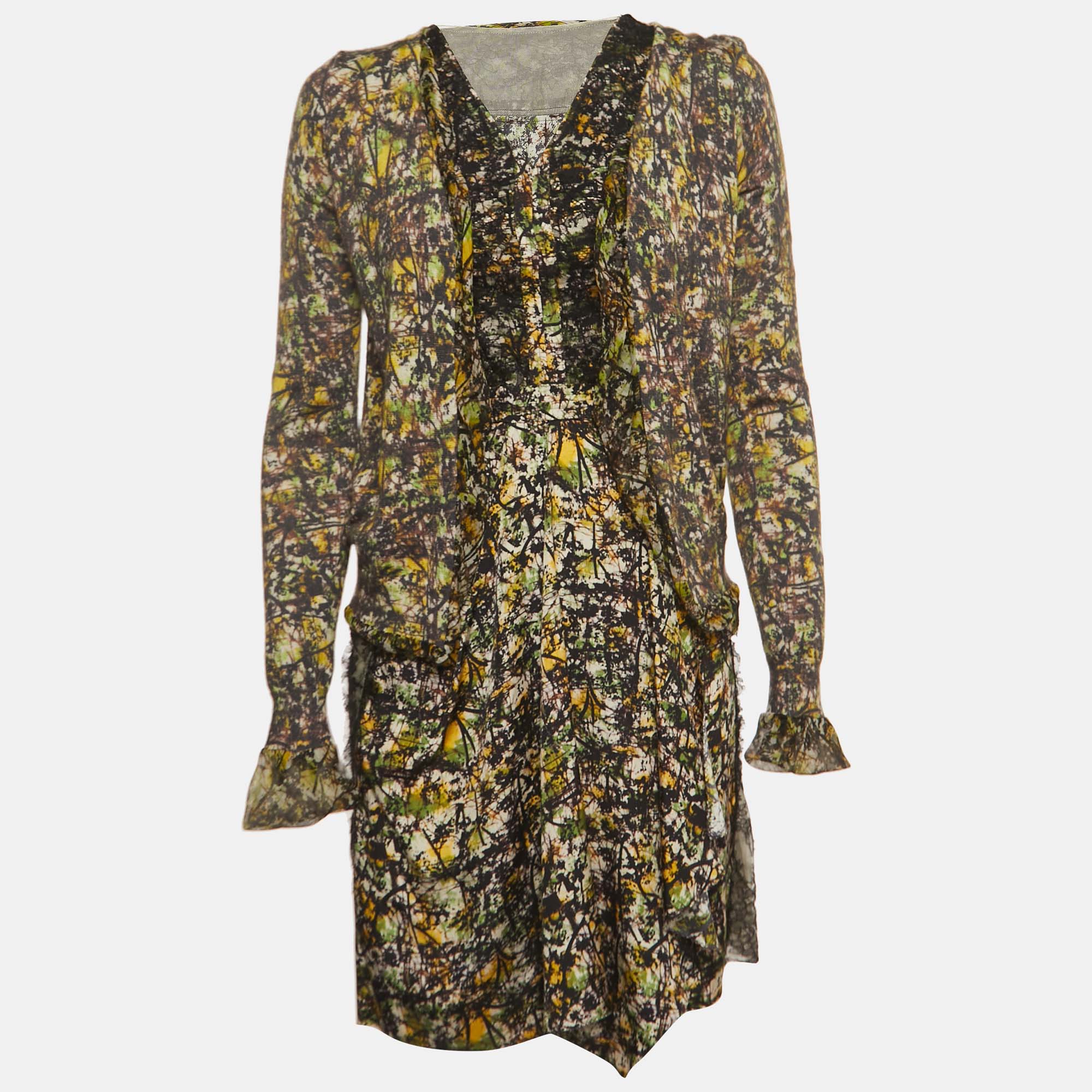 

Bottega Veneta Multicolor Print Silk Blend Mini Dress Cardigan Set