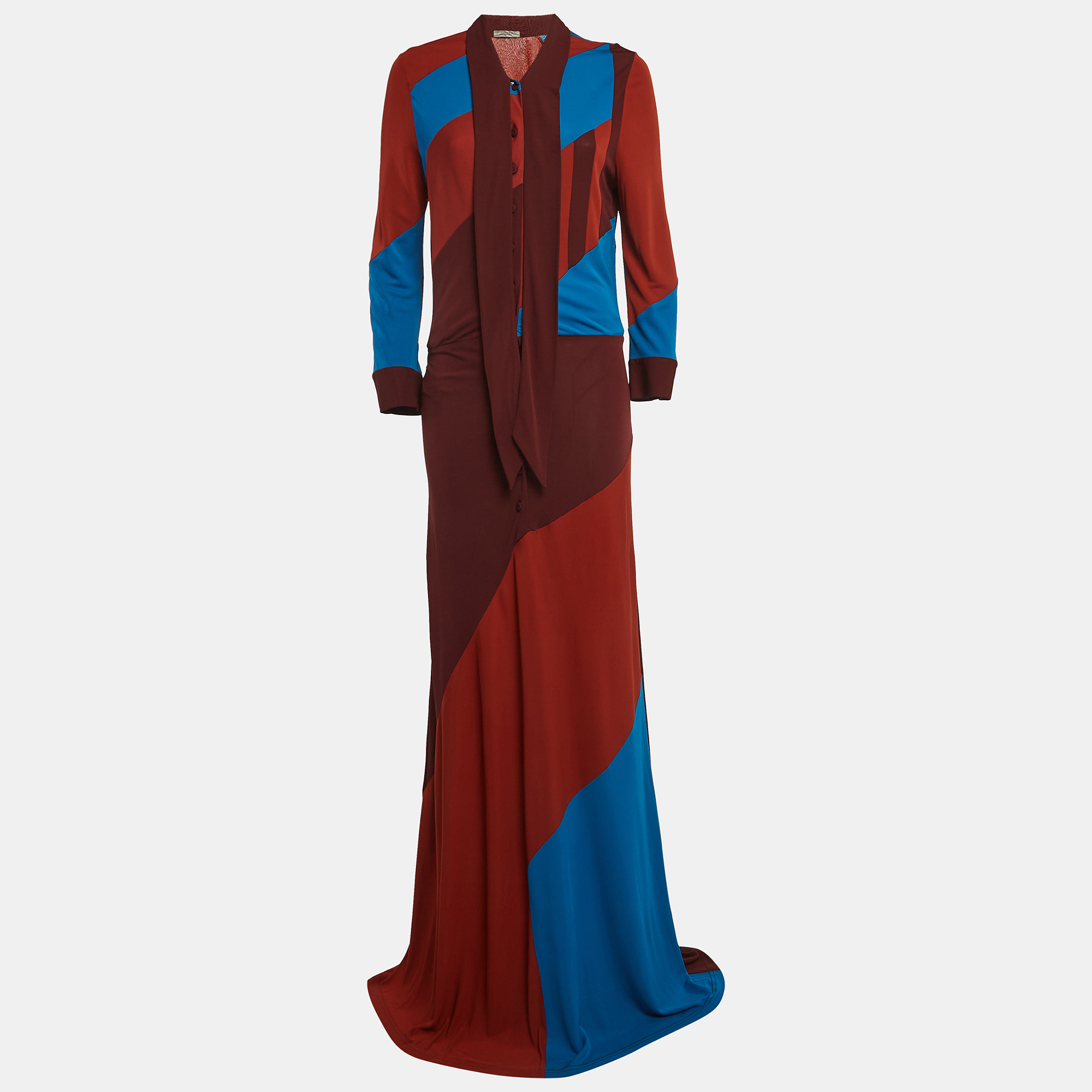 مملوكة مسبقًا Bottega Veneta Brown/Blue Patch Work Jersey Buttoned Maxi Dress M