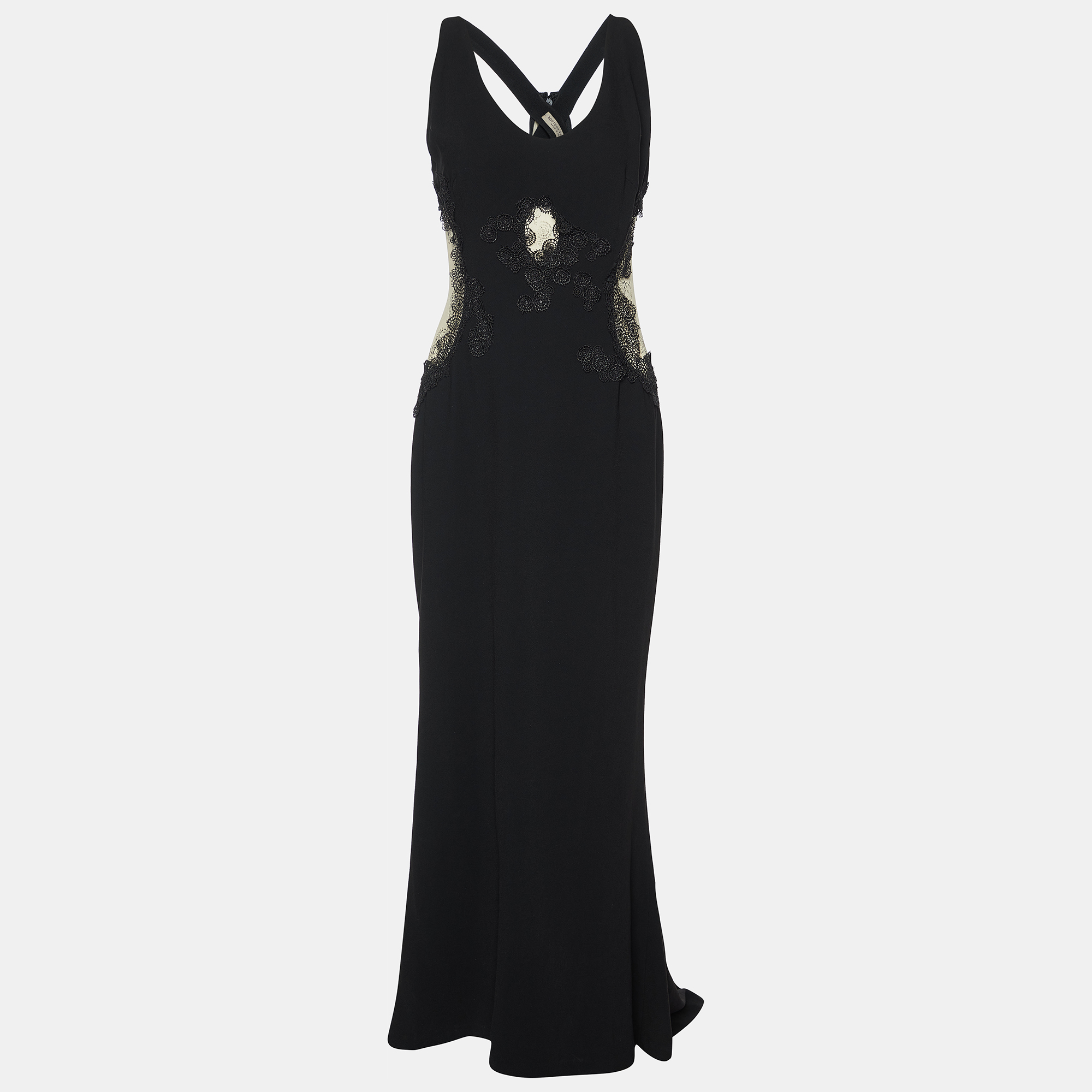 

Bottega Veneta Black Lace Trim Crepe Sheer Cut-Out Gown M