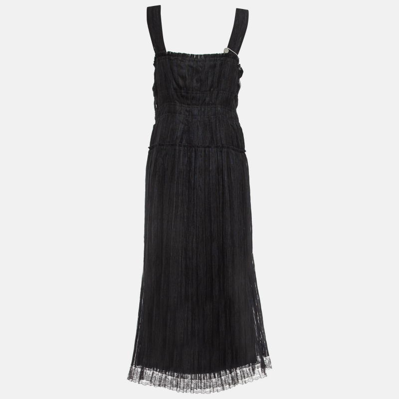 

Bottega Veneta Black Silk Blend Pleated Lace Trim Midi Dress L