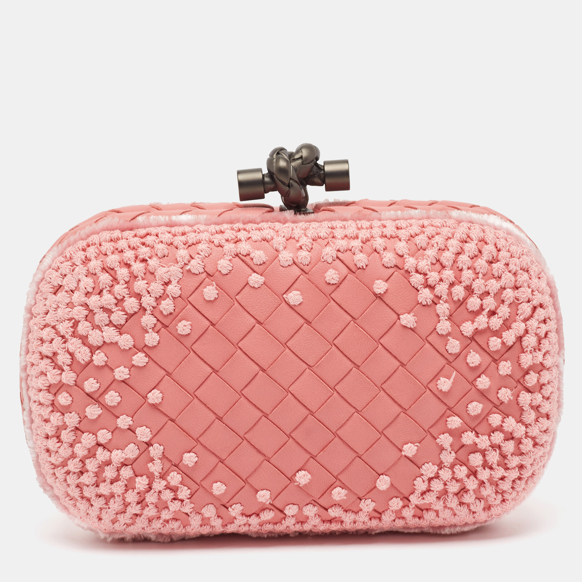 

Bottega Veneta Pink Embroidered Intrecciato Leather Knot Clutch