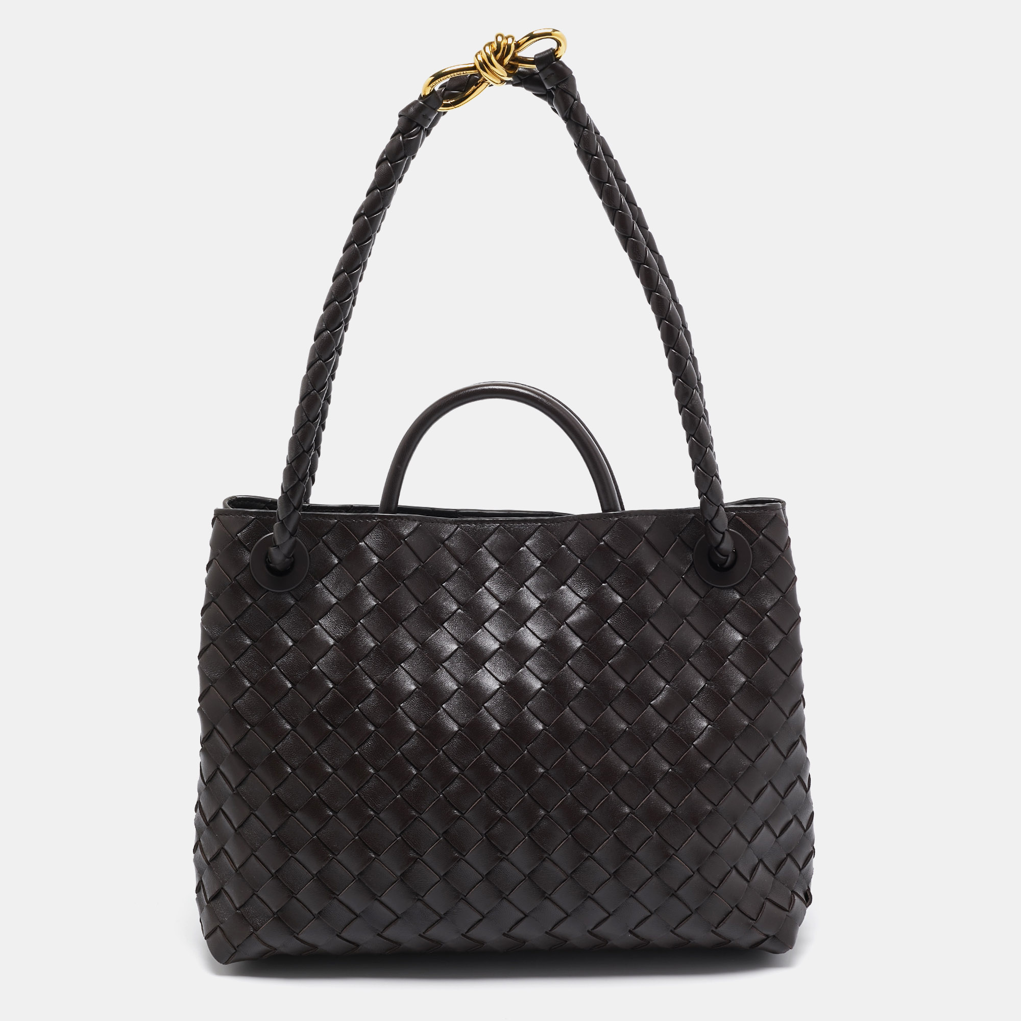 

Bottega Veneta Dark Intrecciato Leather Medium Andiamo Bag, Brown