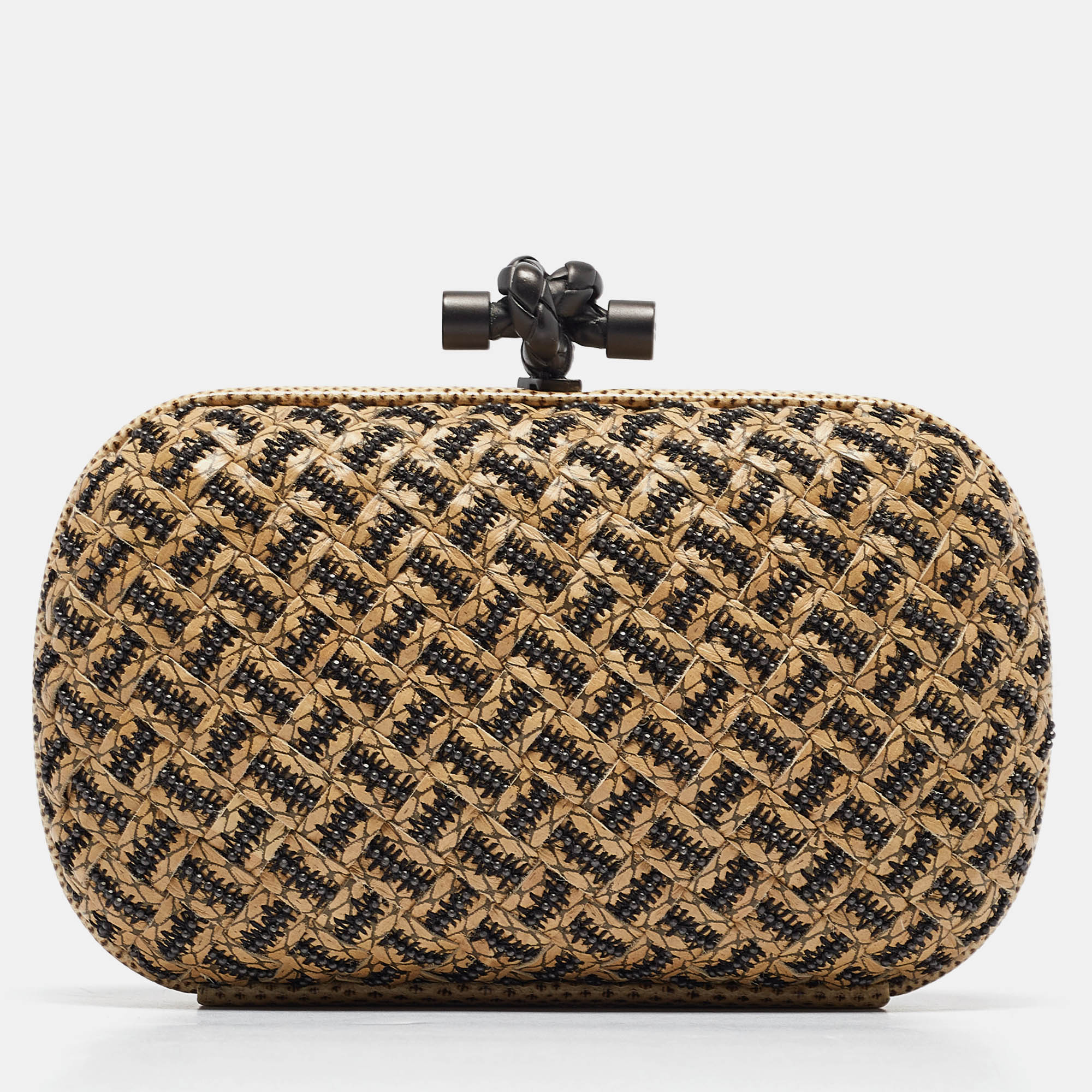 

Bottega Veneta Cream Intrecciato Leather Beaded Knot Clutch