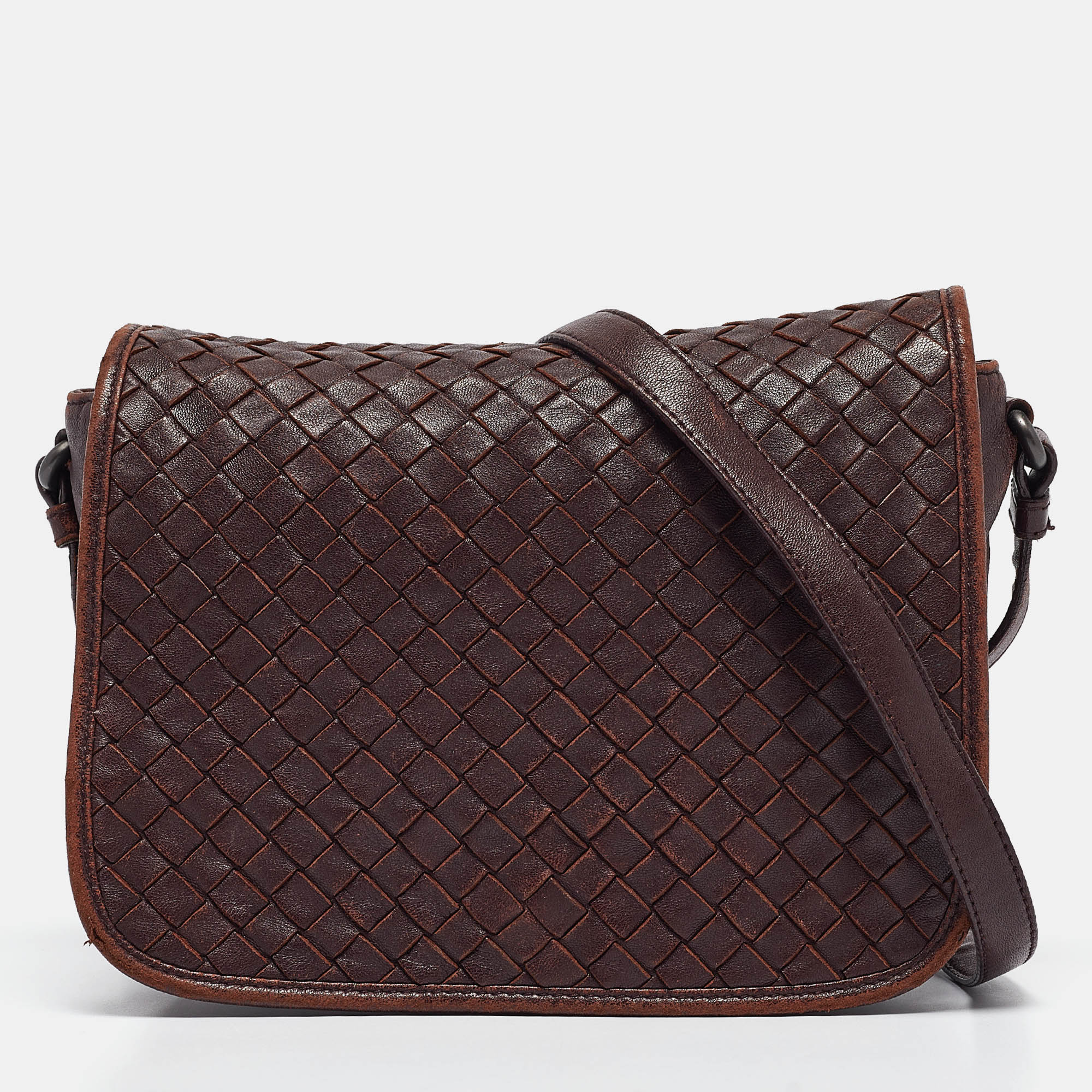 Pre-owned Bottega Veneta Burgundy Intrecciato Leather Flap Crossbody Bag