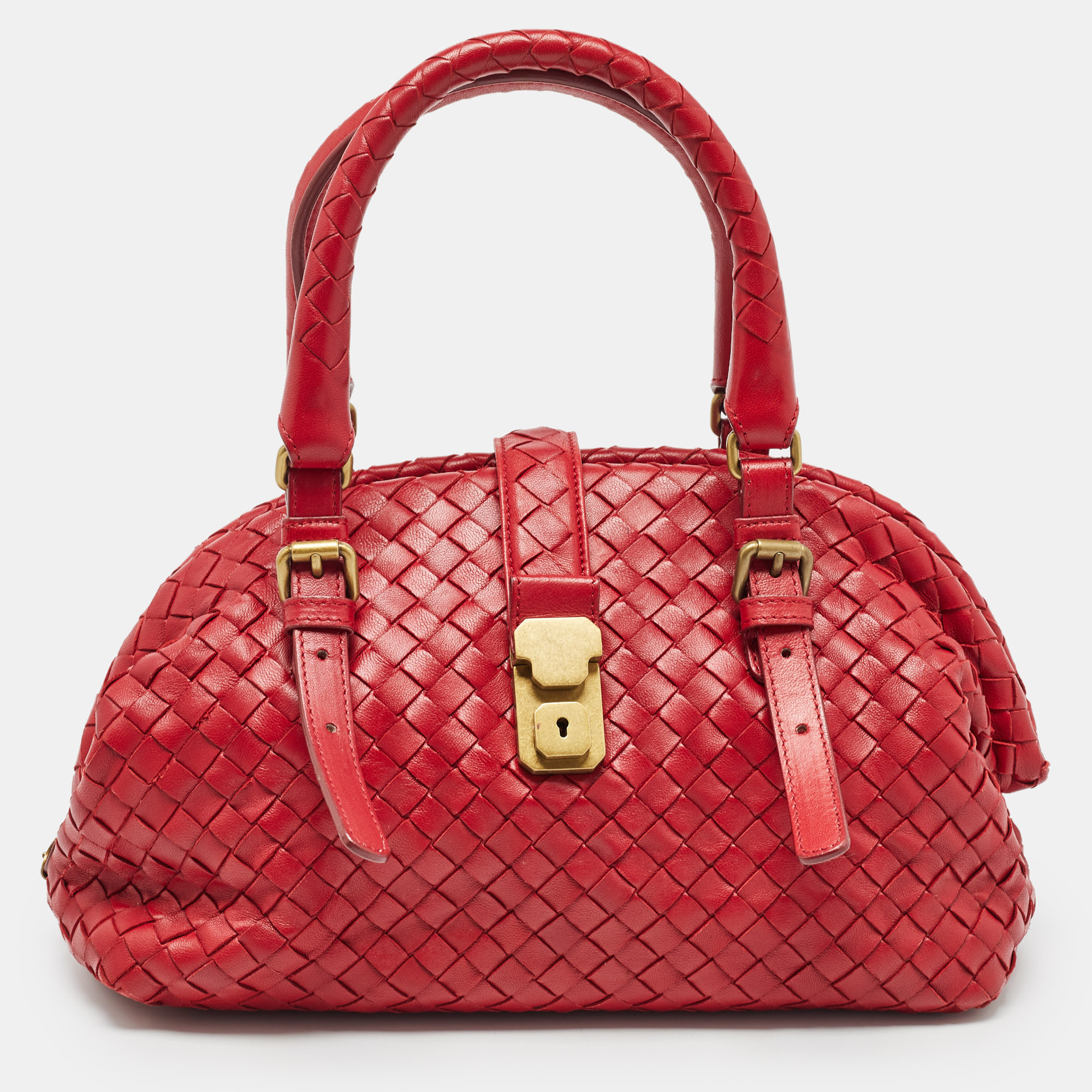 

Bottega Veneta Red Intrecciato Leather Pushlock Flap Satchel