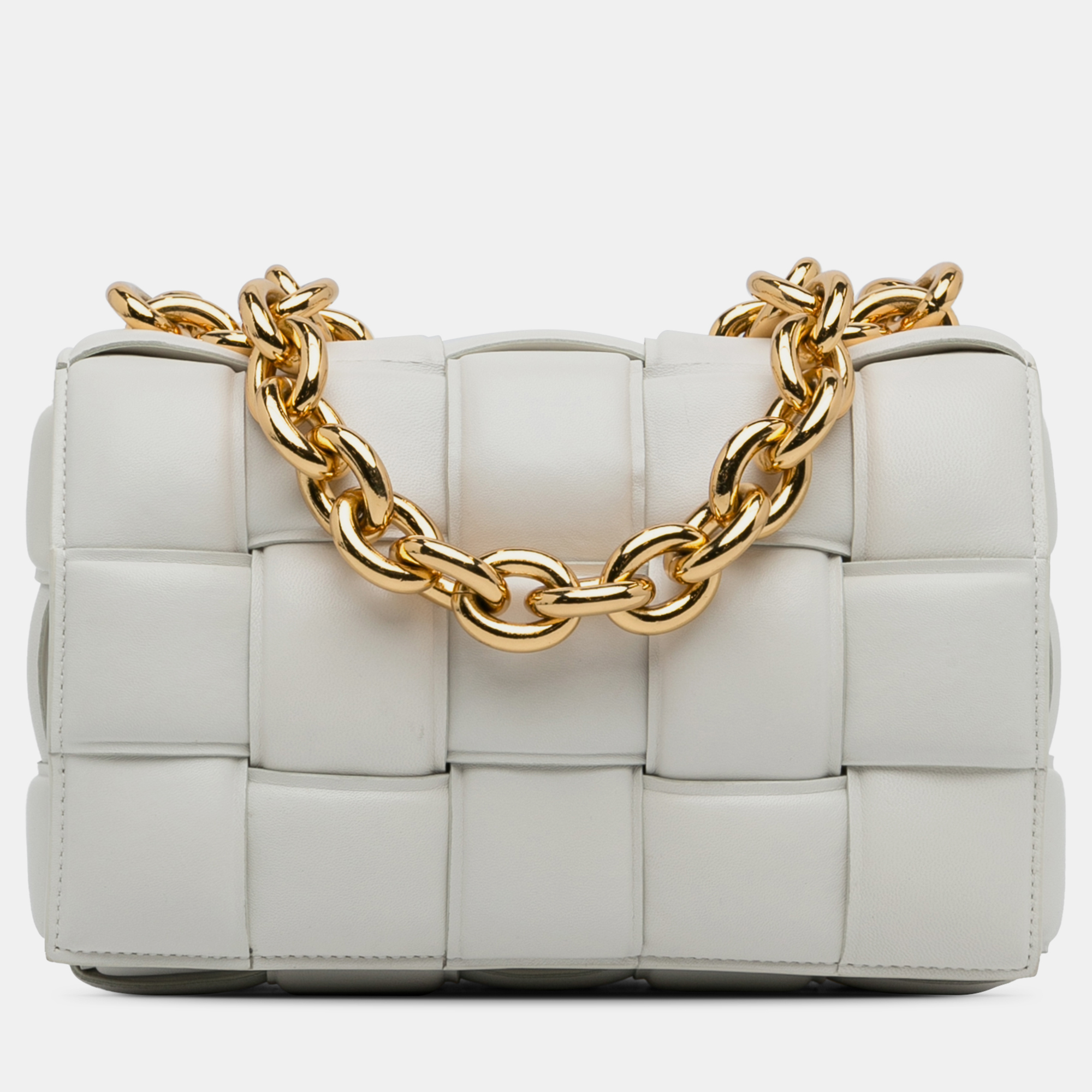 

Bottega Veneta Calfskin Intrecciato Padded Chain Cassette Satchel, White