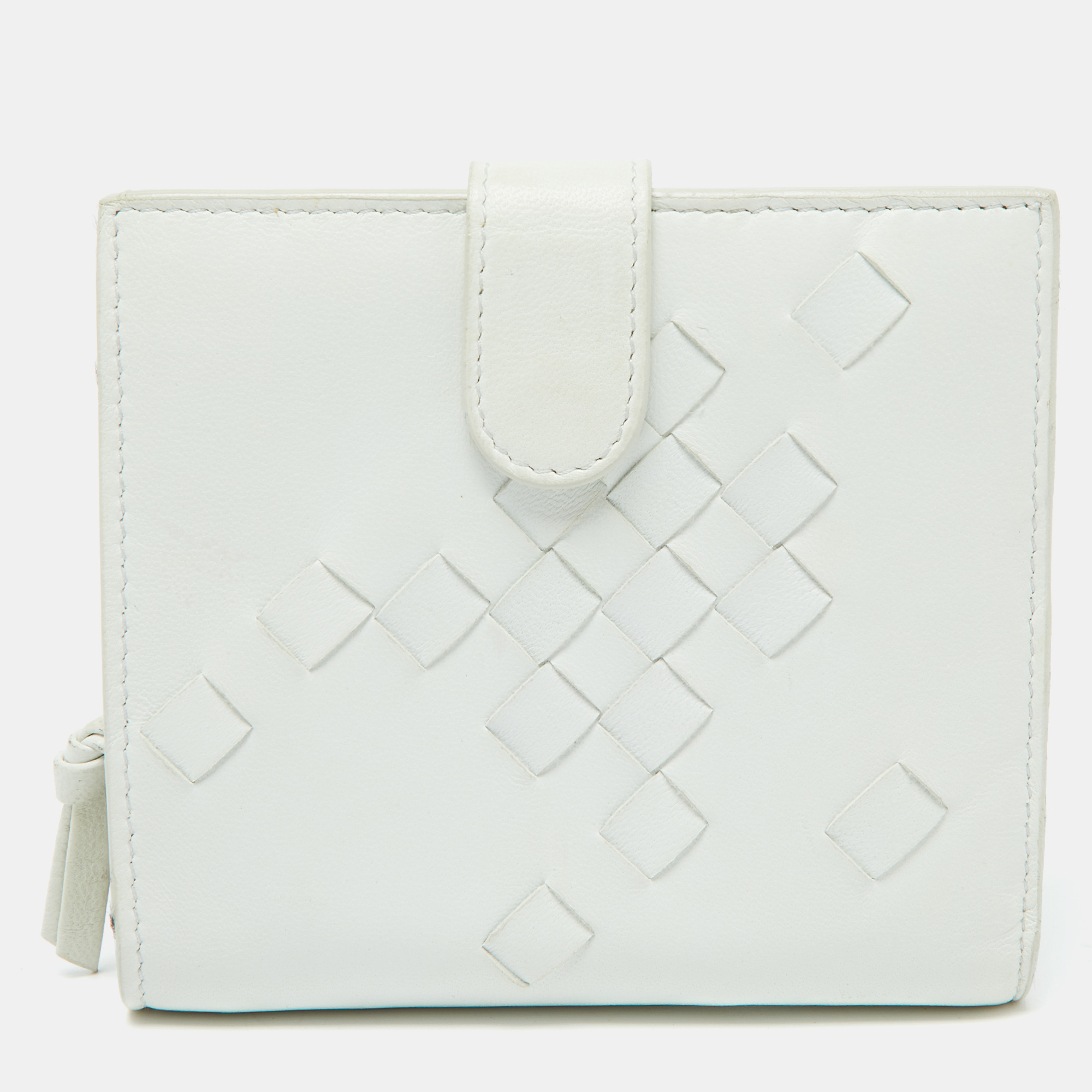 Pre-owned Bottega Veneta Off White Intrecciato Leather Compact Wallet