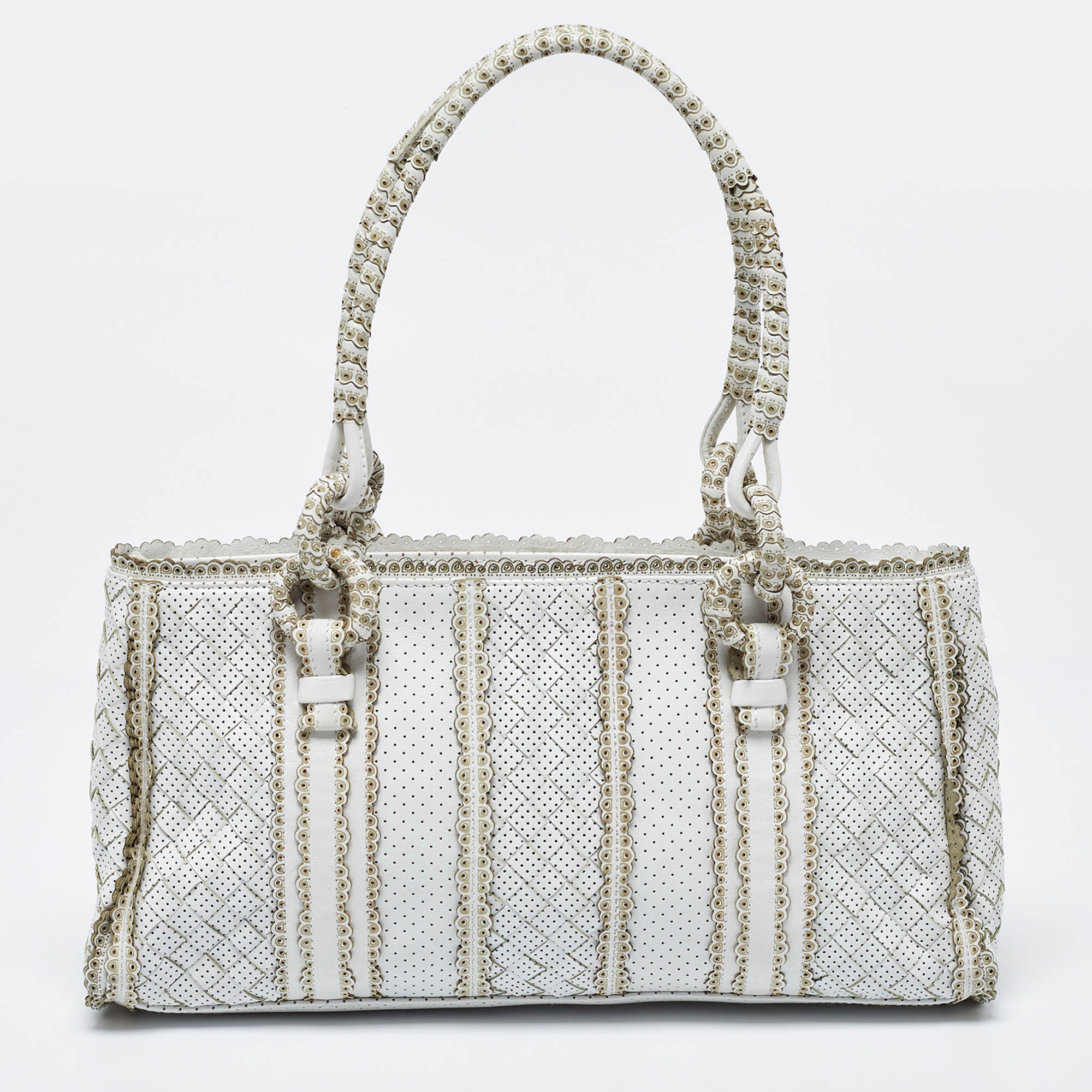 

Bottega Veneta White/Beige Perforated Intrecciato Leather Tote