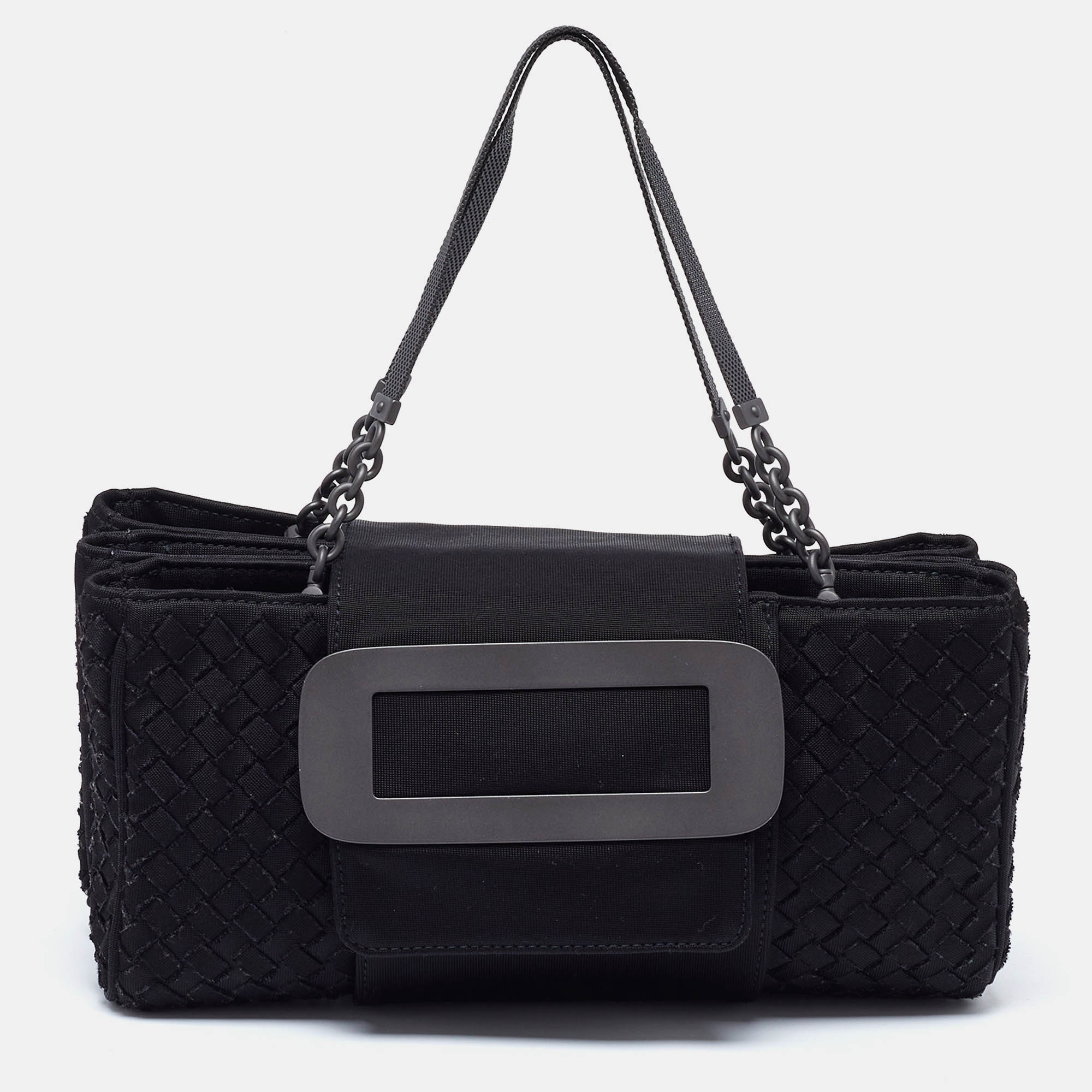 

Bottega Veneta Black Intrecciato Canvas Buckle Flap Shoulder Bag