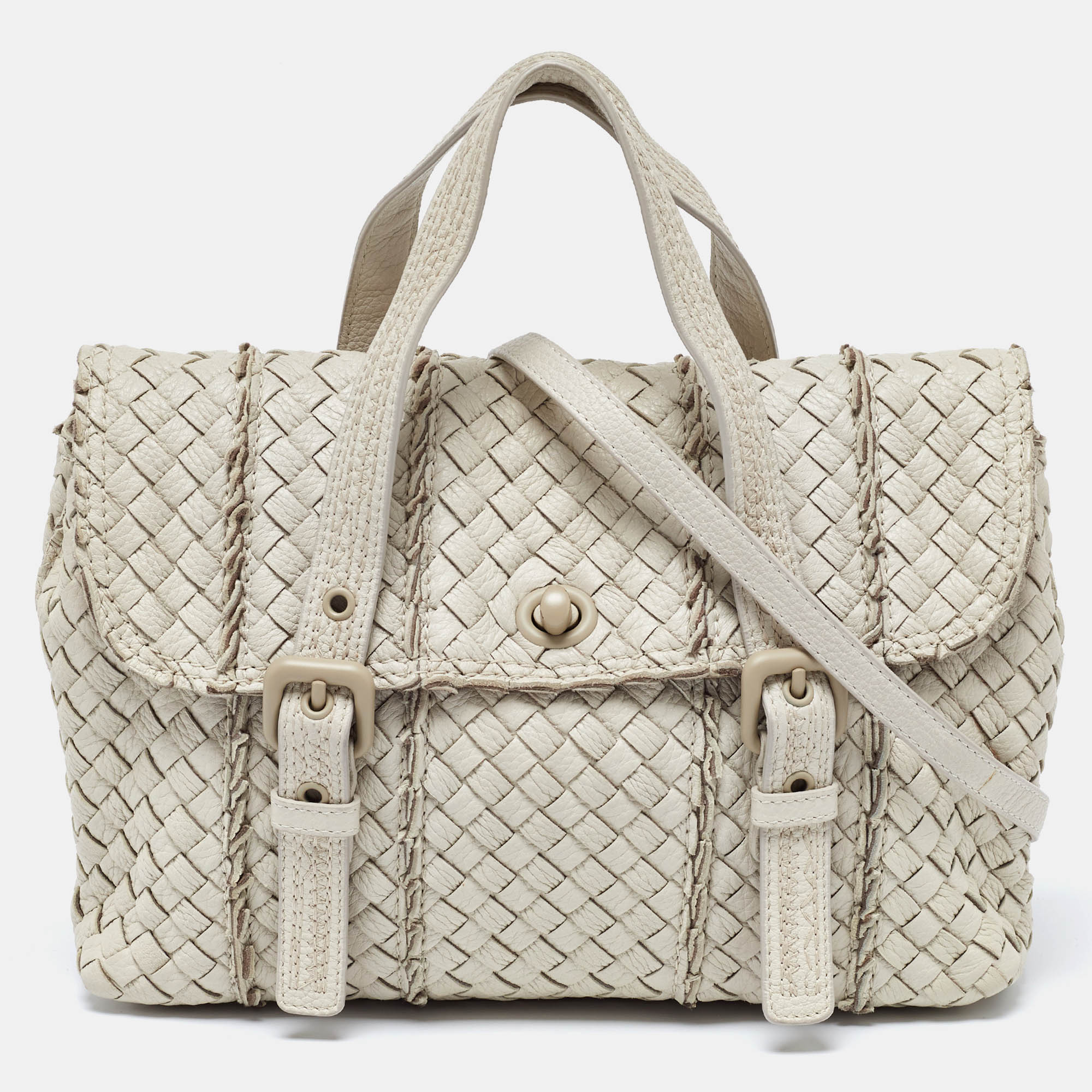 

Bottega Veneta Cream Intrecciato Leather Vivo Cervo Satchel