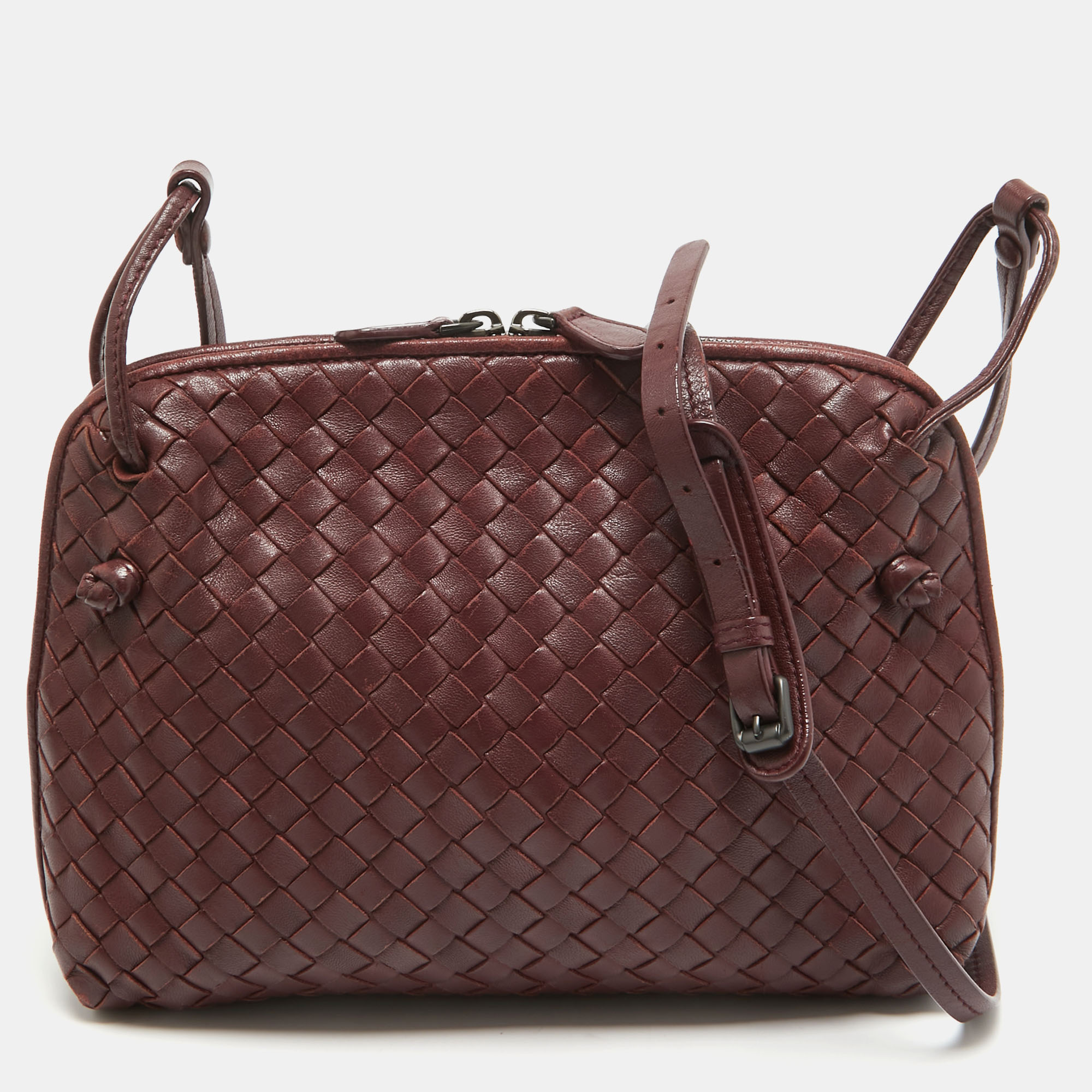 

Bottega Veneta Dark Red Intrecciato Leather Nodini Crossbody Bag