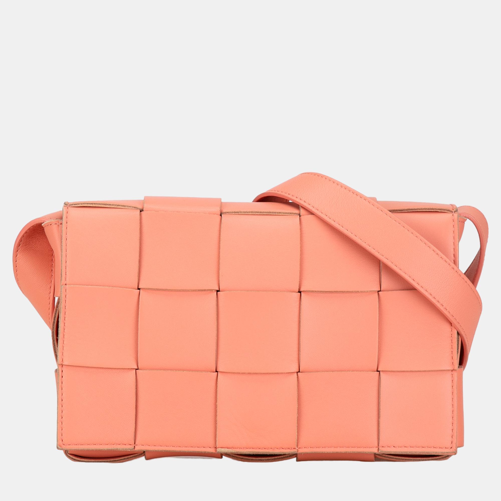 

Bottega Veneta Pink Calfskin Leather Intrecciato Cassette Crossbody Bag