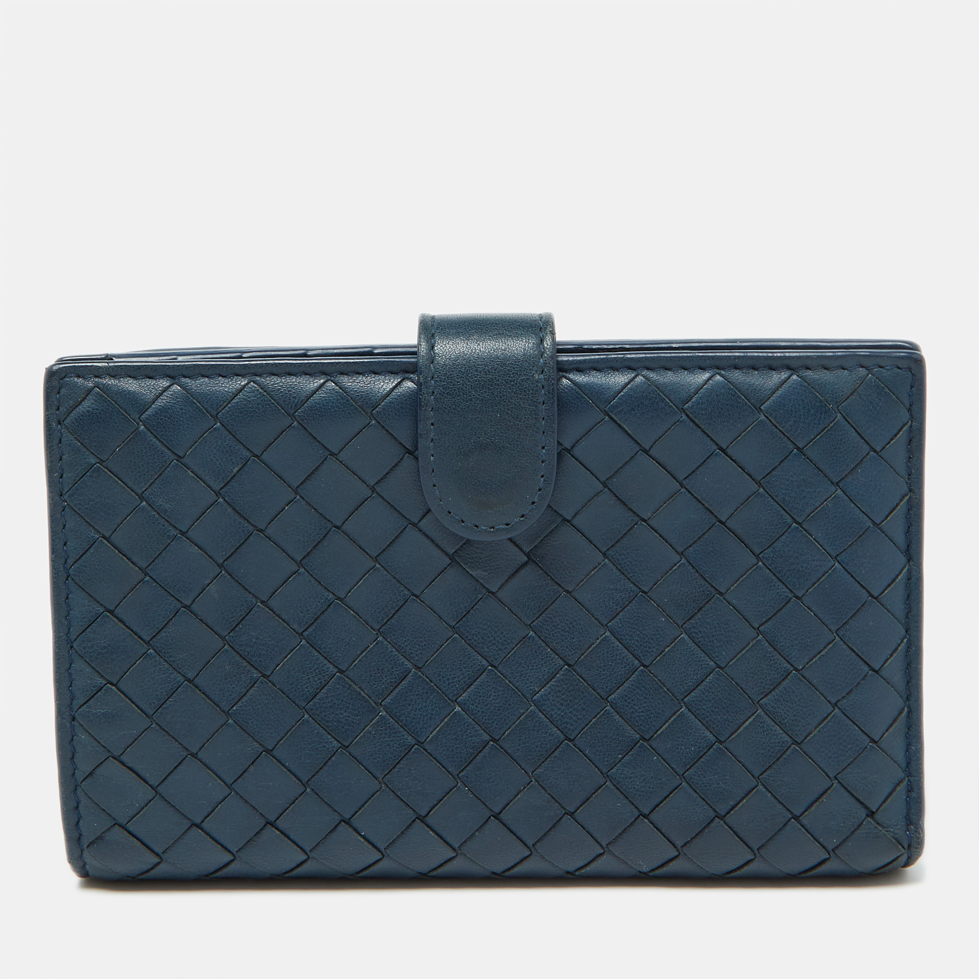 Pre-owned Bottega Veneta Blue Intrecciato Leather Compact Wallet