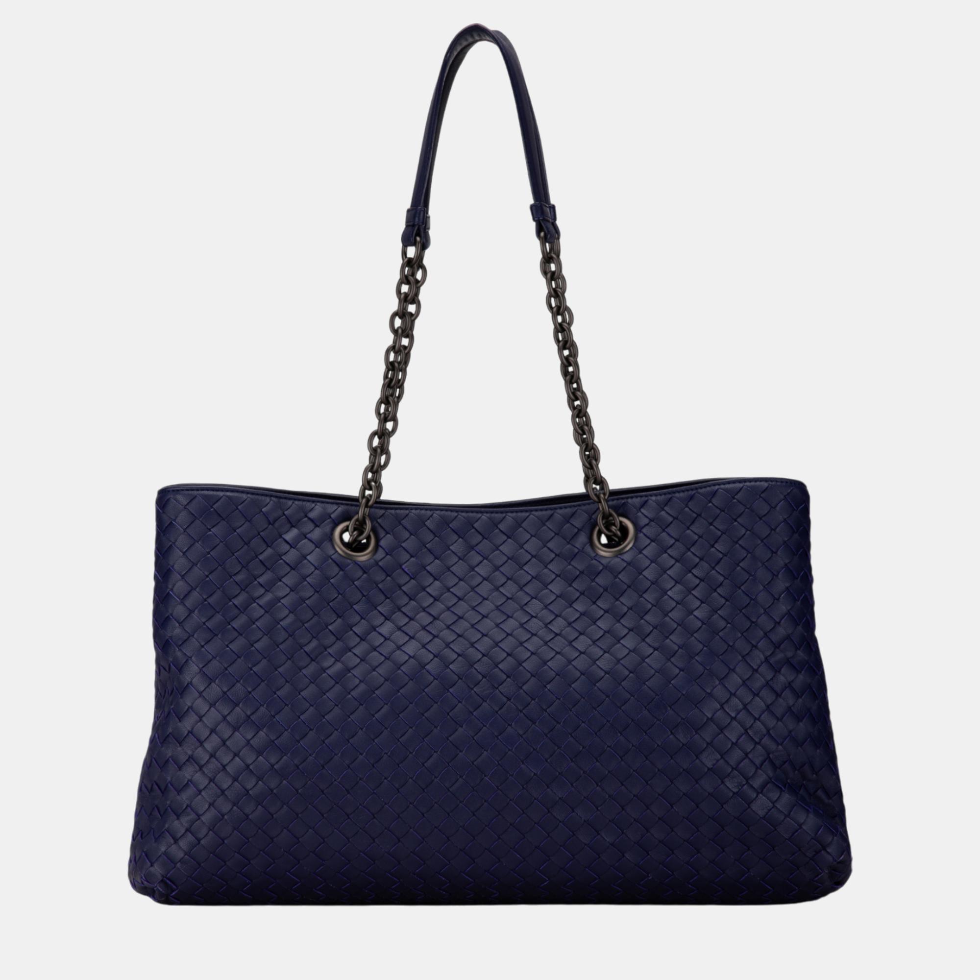 

Bottega Veneta Navy Blue Large Intrecciato Double Chain Tote