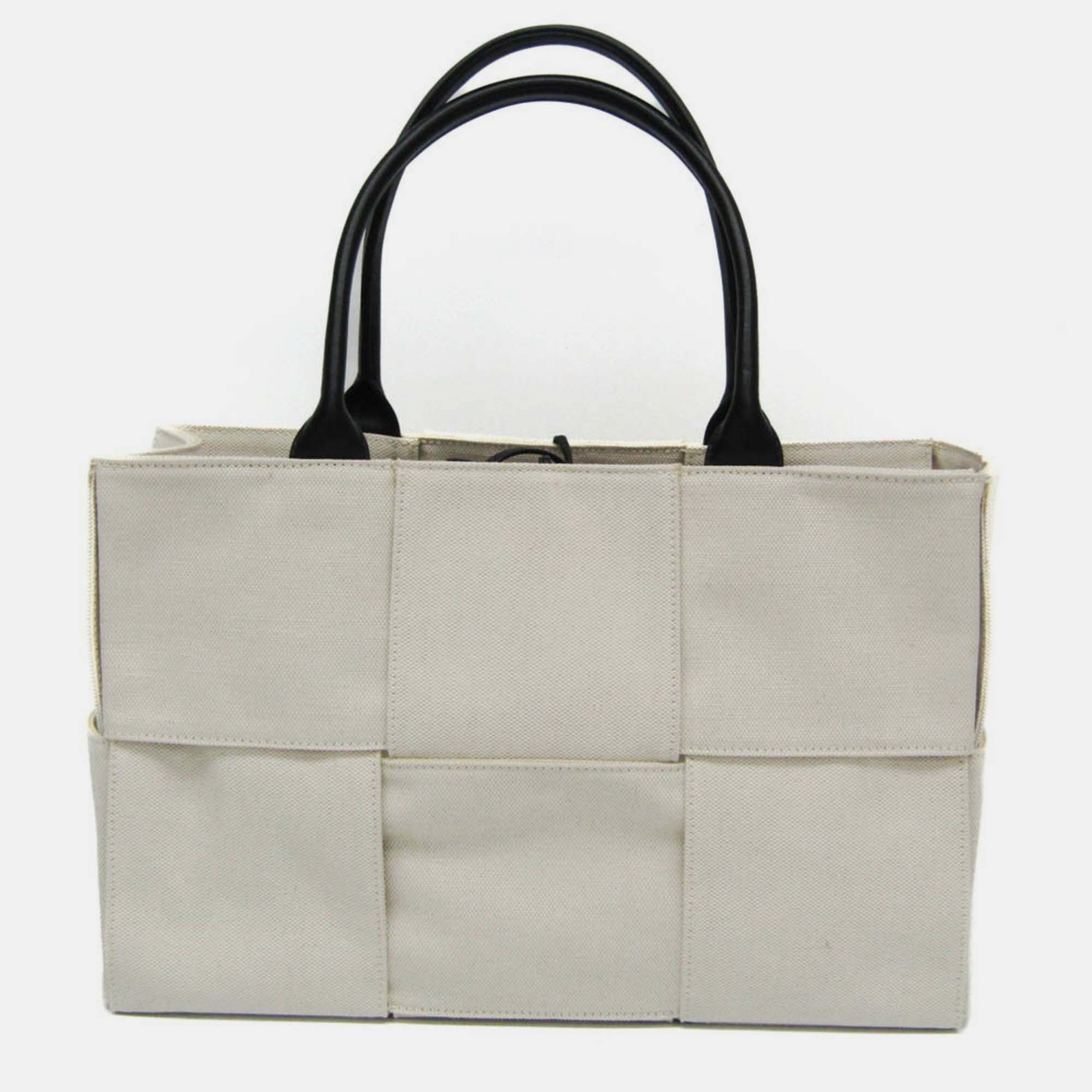 

Bottega Off-White/Black Canvas and Leather Veneta Medium Arco Tote Bag, Cream