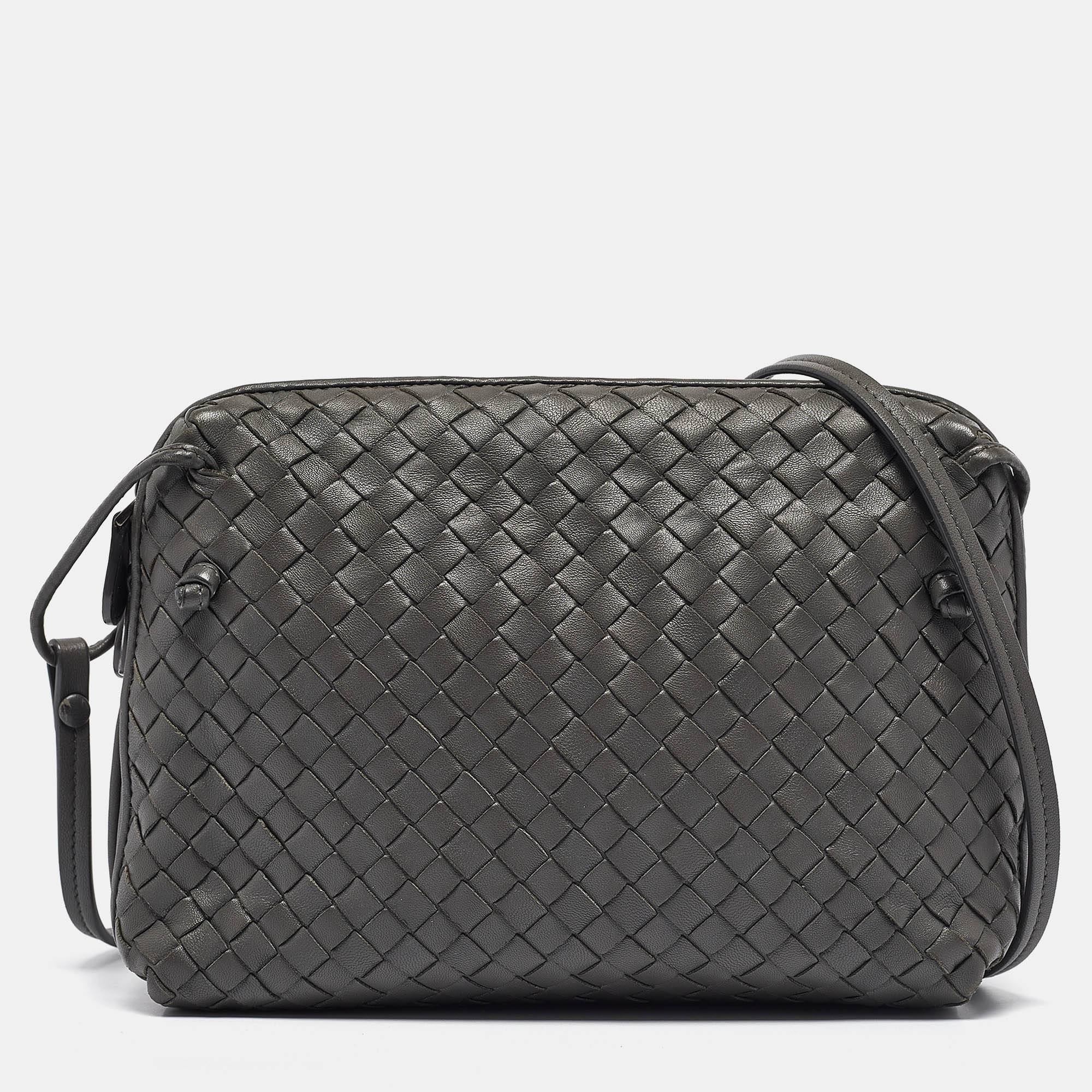 

Bottega Veneta Grey Intrecciato Leather Nodini Double Zip Crossbody Bag