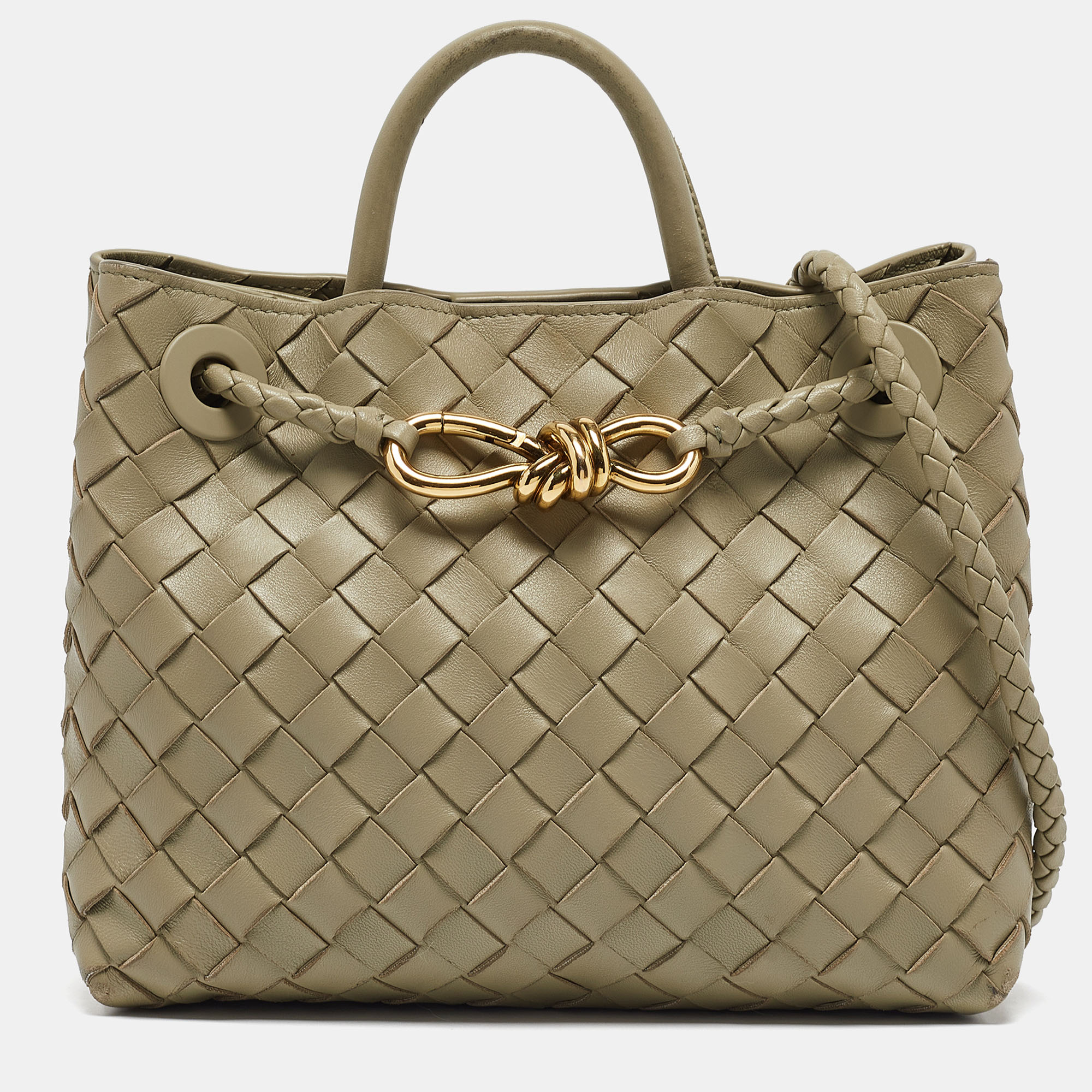 

Bottega Veneta Travertine Intrecciato Leather  Andiamo Top Handle Bag, Green