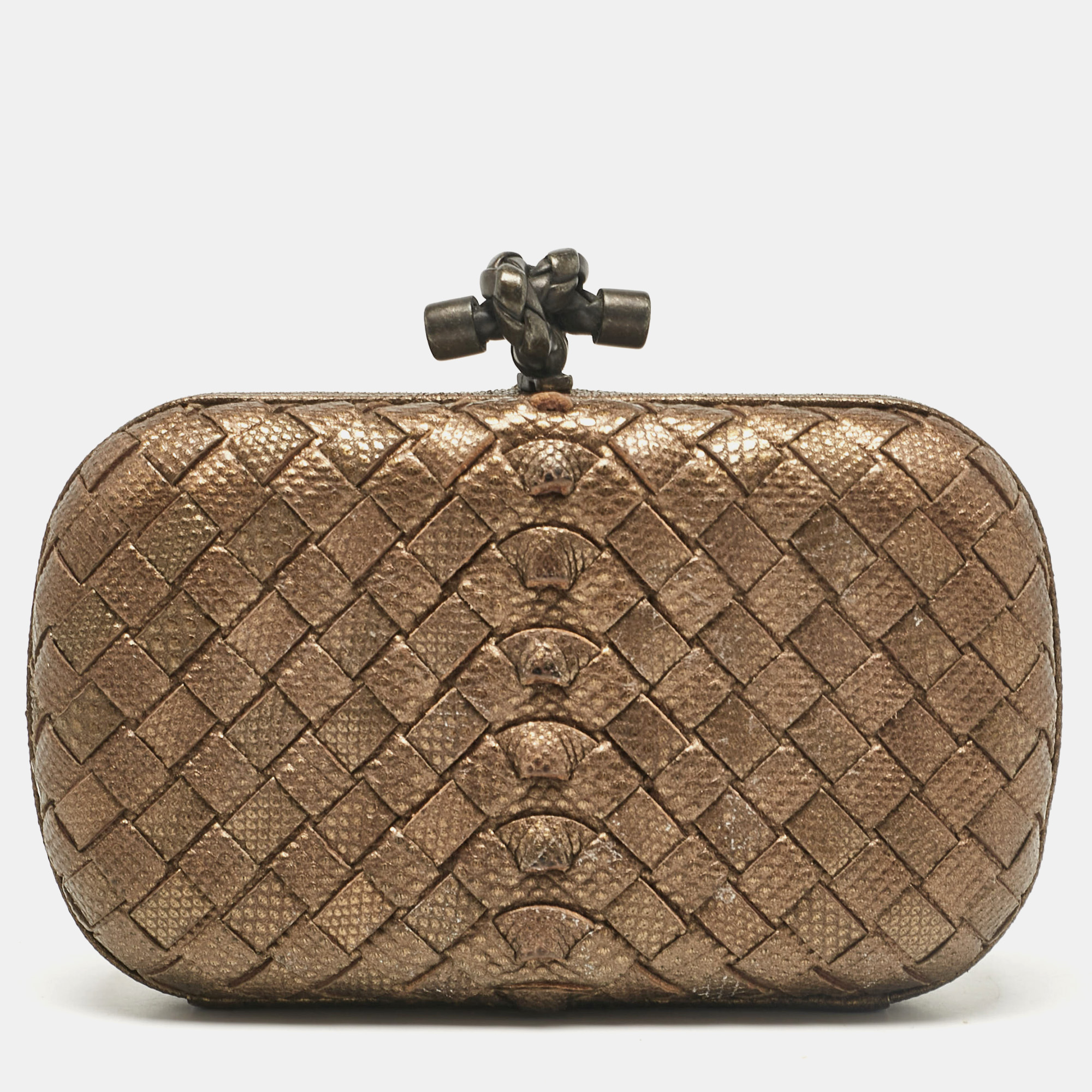 

Bottega Veneta Bronze Intrecciato Lizard  Knot Clutch, Brown