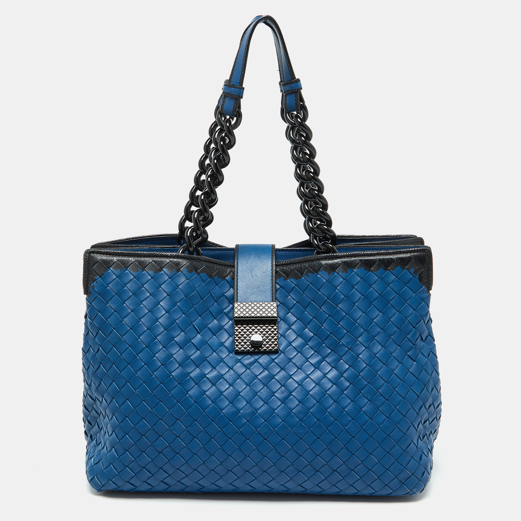 

Bottega Veneta Blue/Black Intrecciato Leather Tote