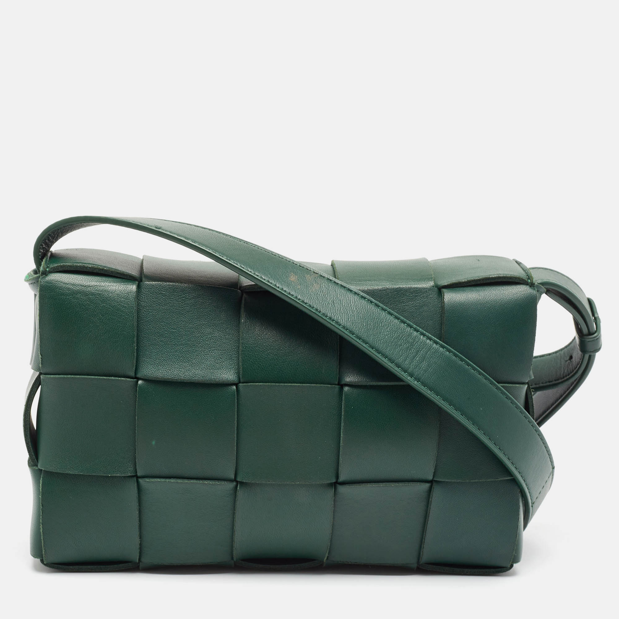 

Bottega Veneta Dark Green Intreccio Leather Cassette Shoulder Bag