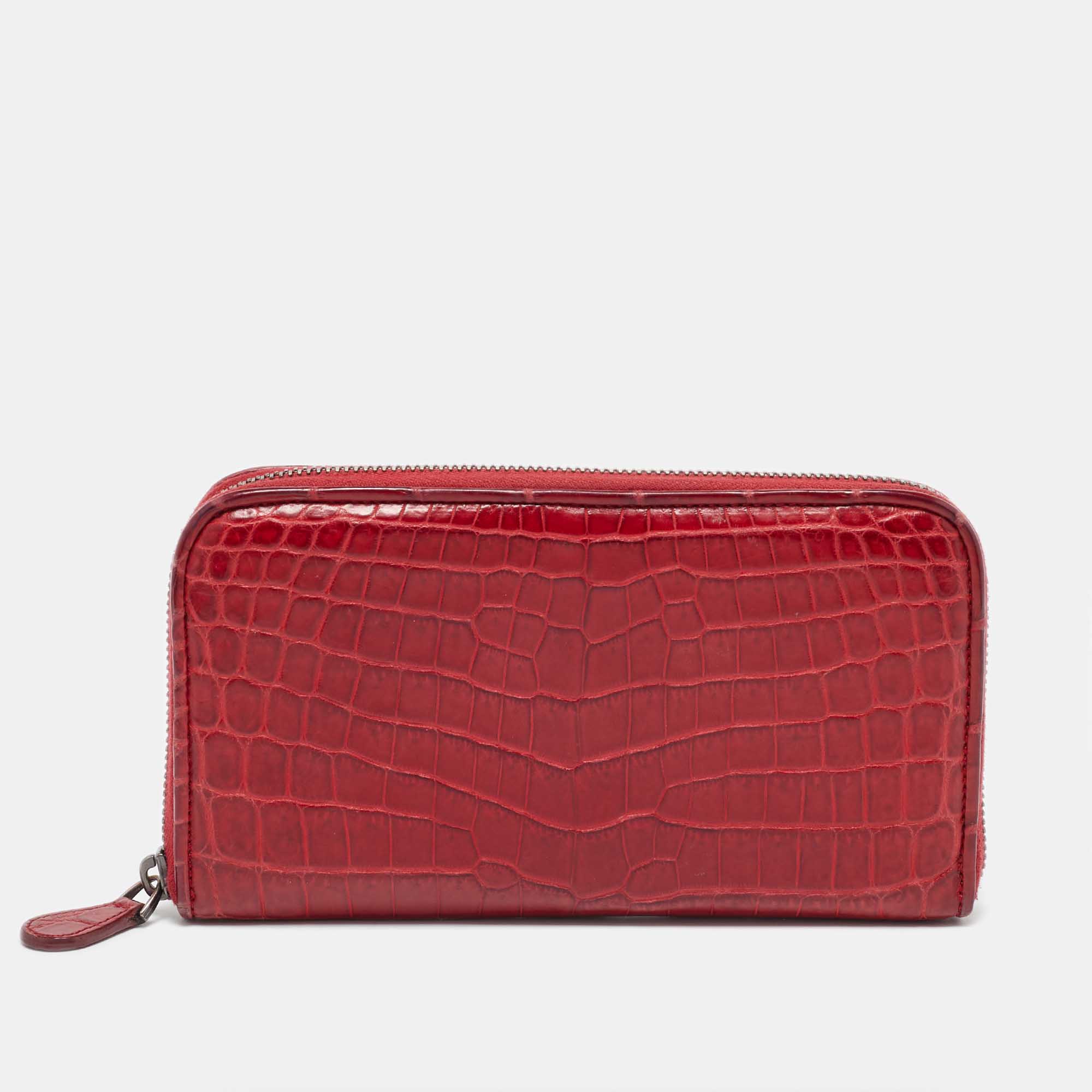 

Bottega Veneta Red Crocodile Zip Around Wallet