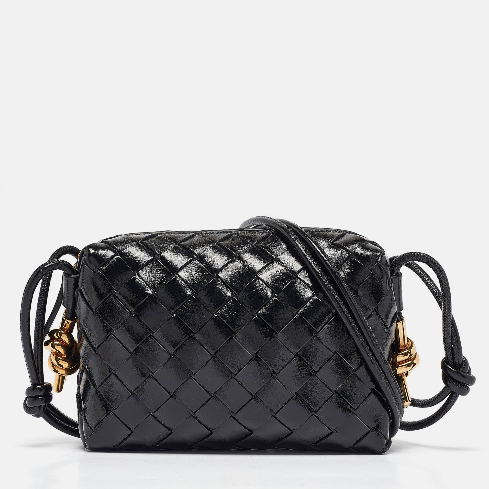 

Bottega Veneta Black Glossy Intrecciato Leather Mini Loop Camera Bag