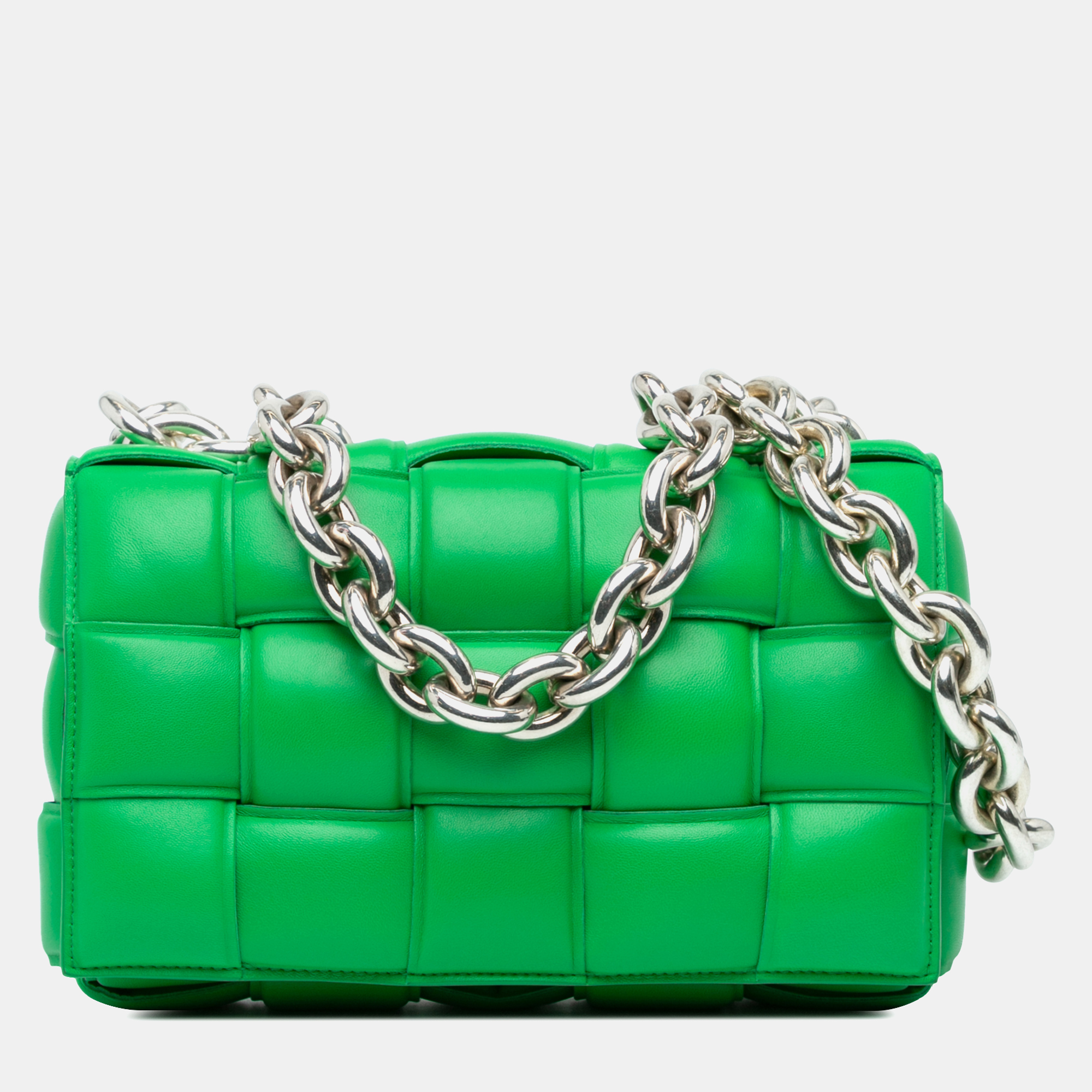 Pre-owned Bottega Veneta Green Lambskin Intrecciato Padded Chain Cassette Satchel