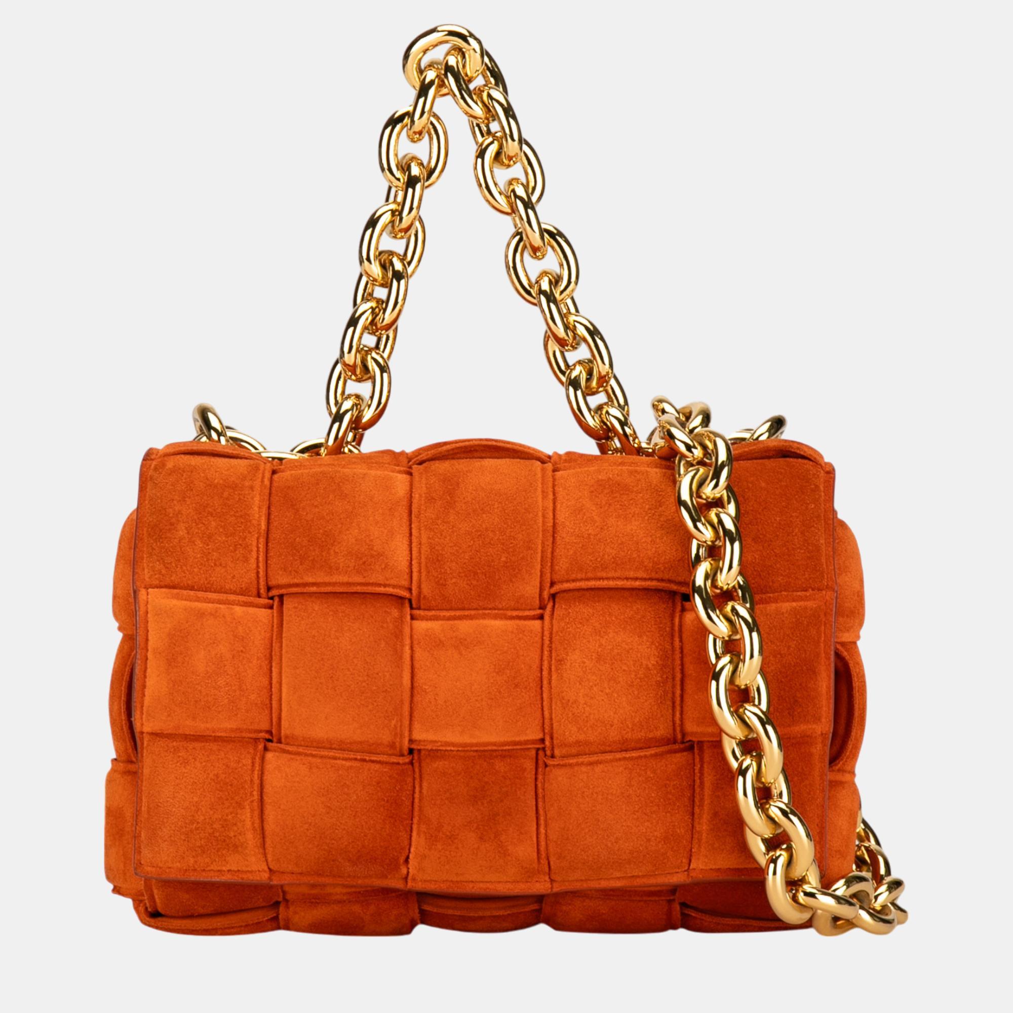 

Bottega Veneta Orange Suede Intrecciato Padded Chain Cassette Satchel