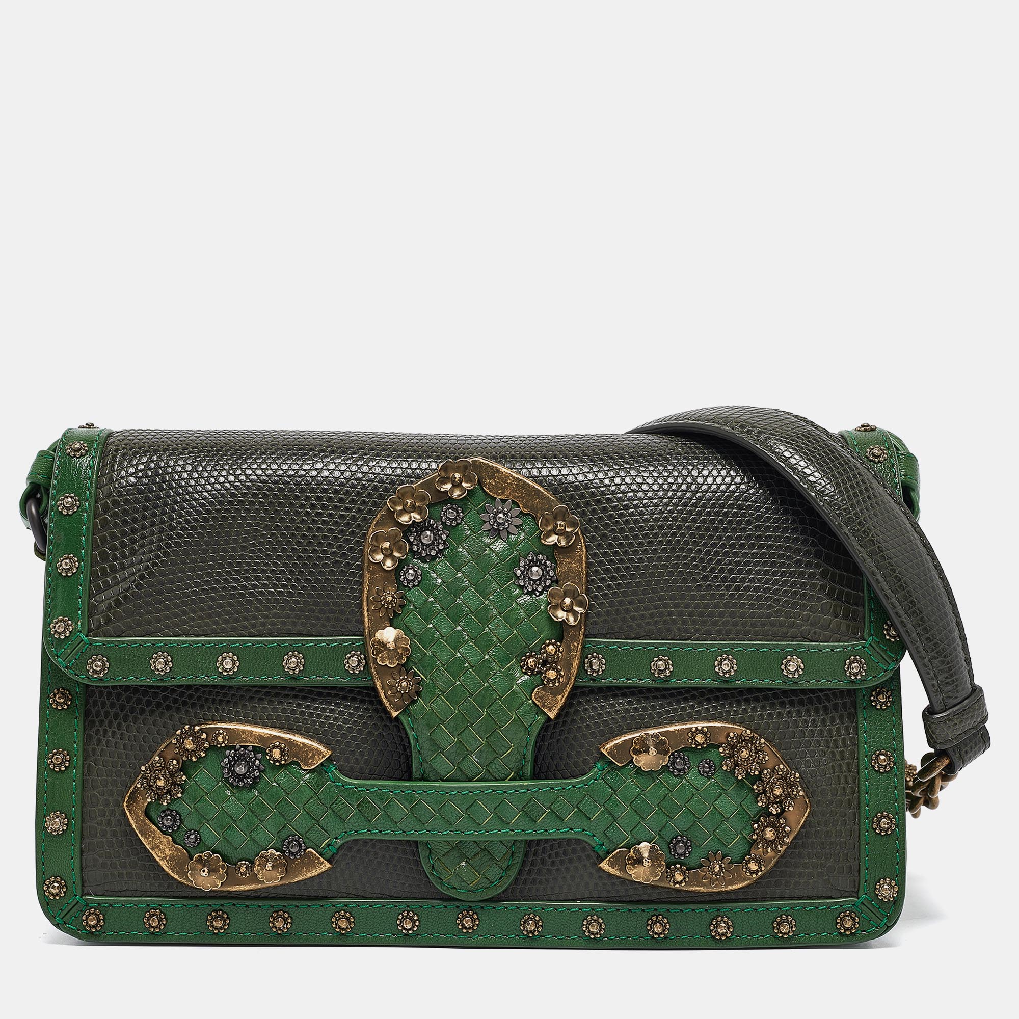 

Bottega Veneta Two Tone Green Karung and Leather Embellished Irish Madras Shoulder Bag