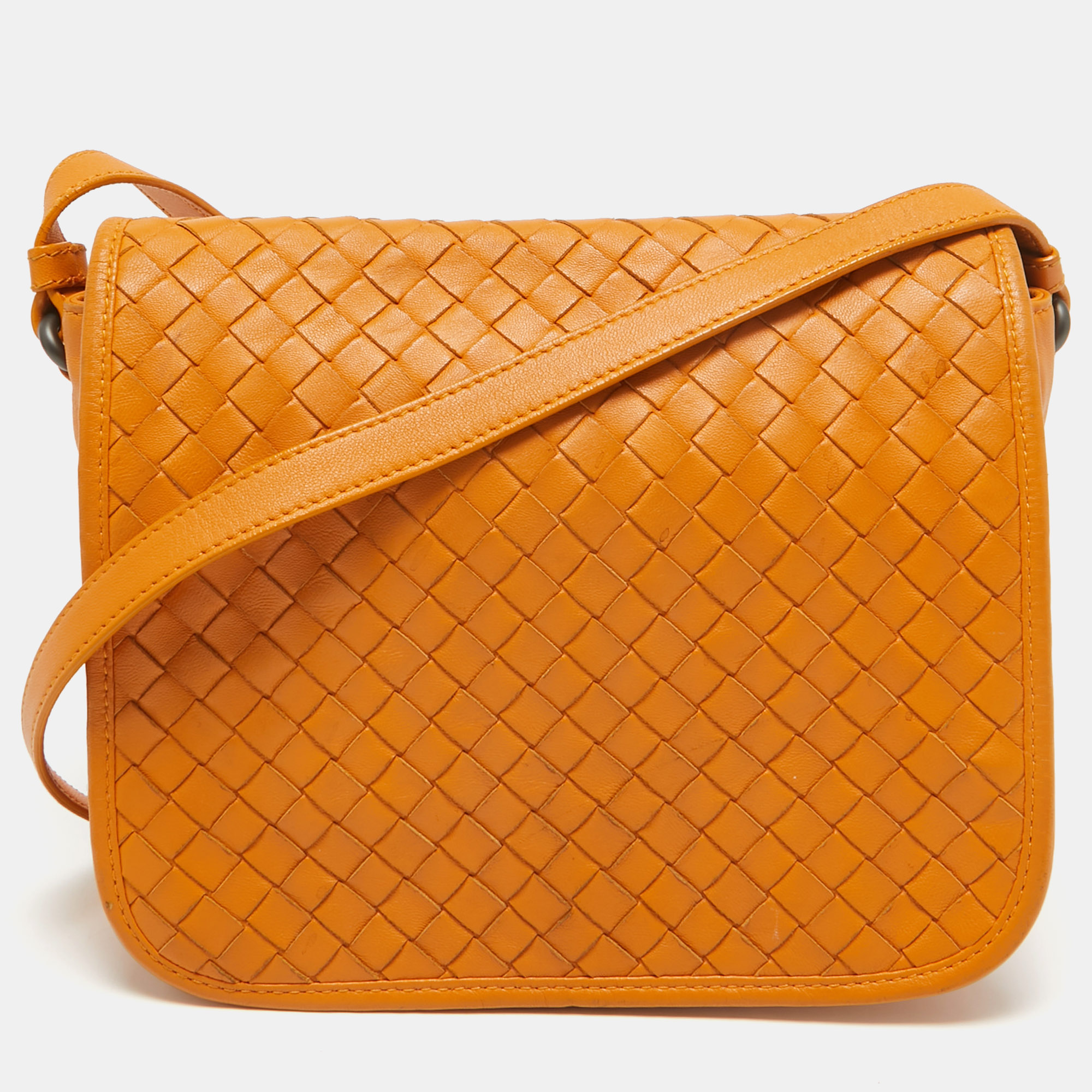 

Bottega Veneta Orange Intrecciato Leather Full Flap Crossbody Bag