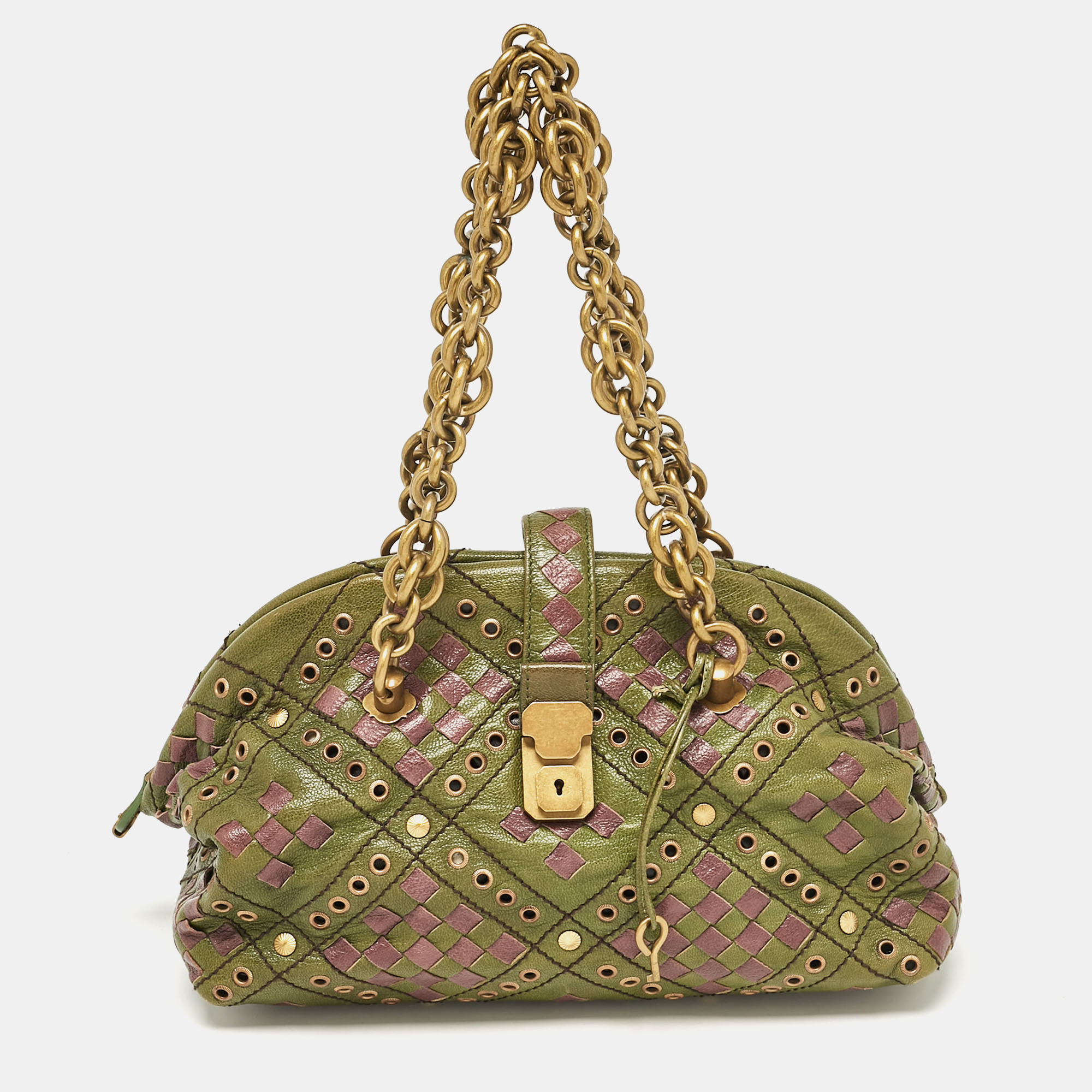 

Bottega Veneta Green/Purple Intrecciato Leather Bowler Bag