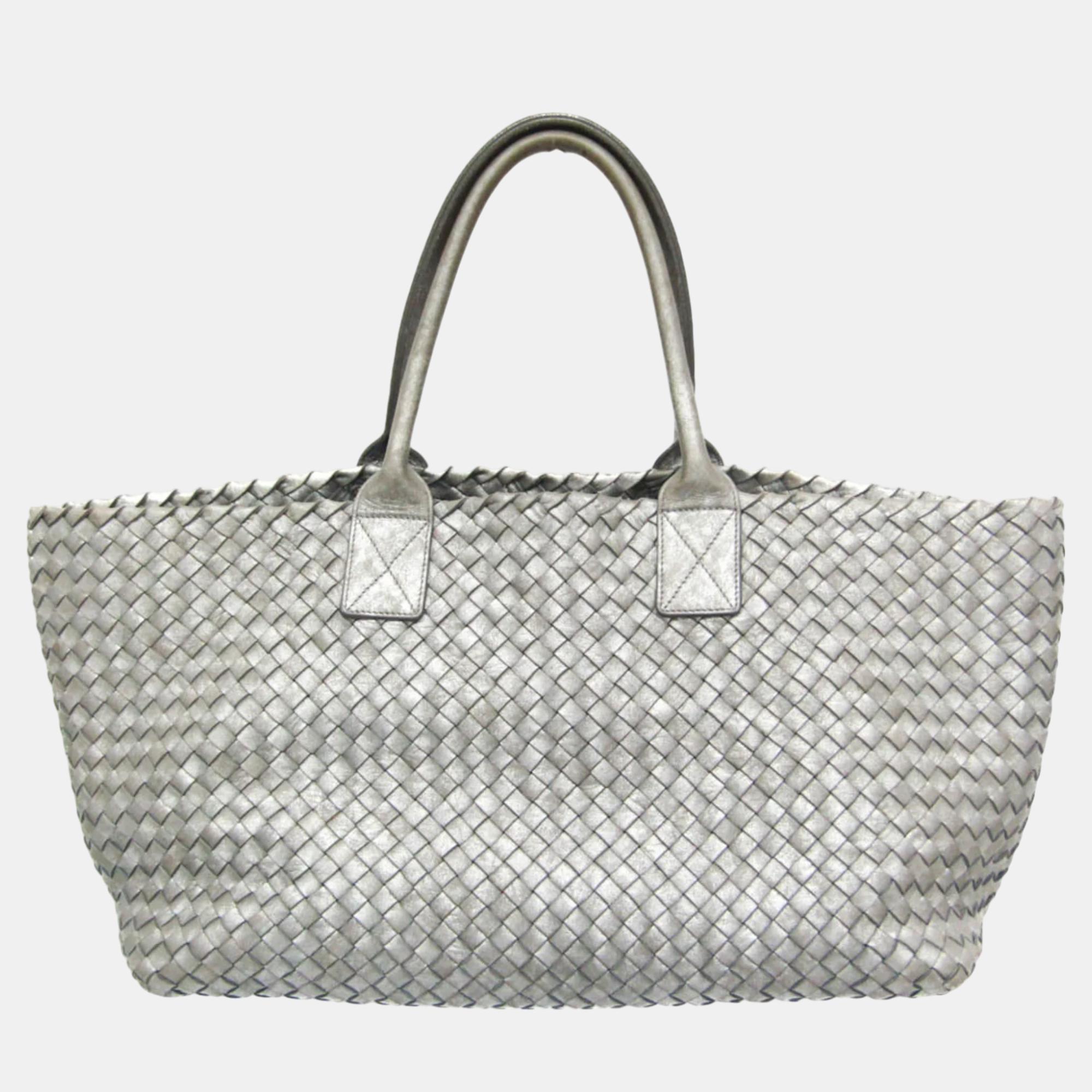 

Bottega Veneta Silver Intrecciato Cabas MM Leather Tote Bag