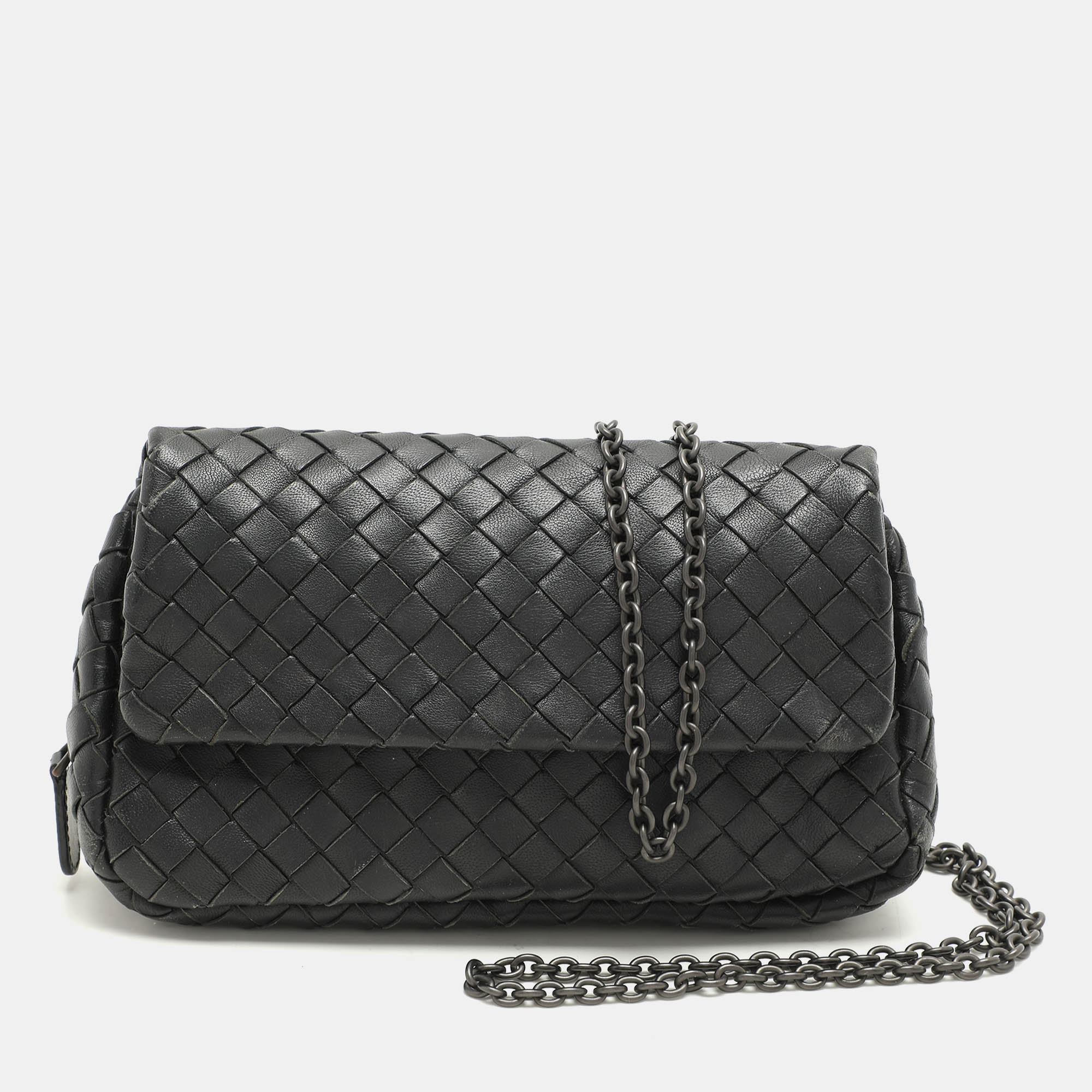 

Bottega Veneta Black Intrecciato Leather Flap Chain Crossbody Bag