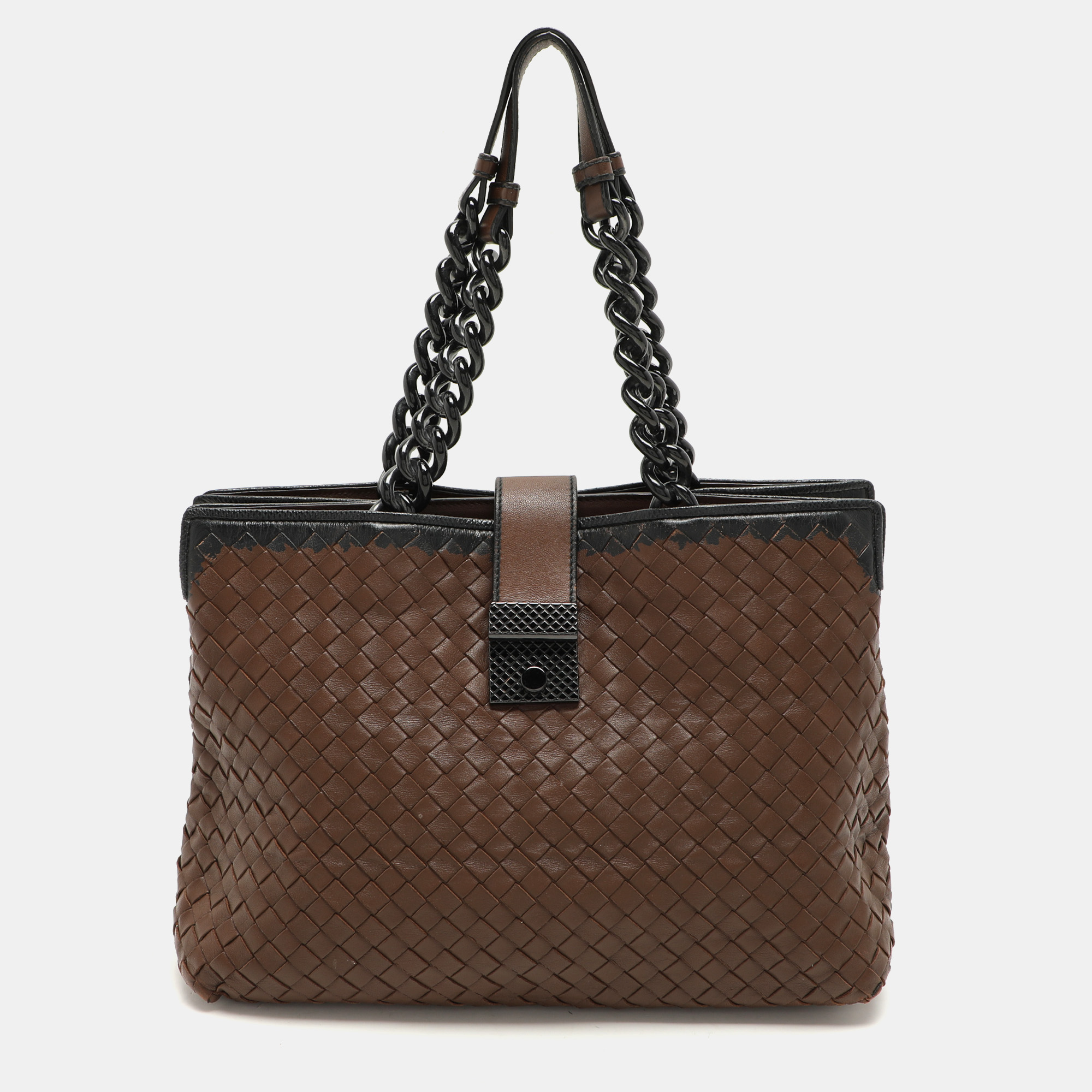 

Bottega Veneta Brown/Black Intrecciato Leather and Karung Chain Tote