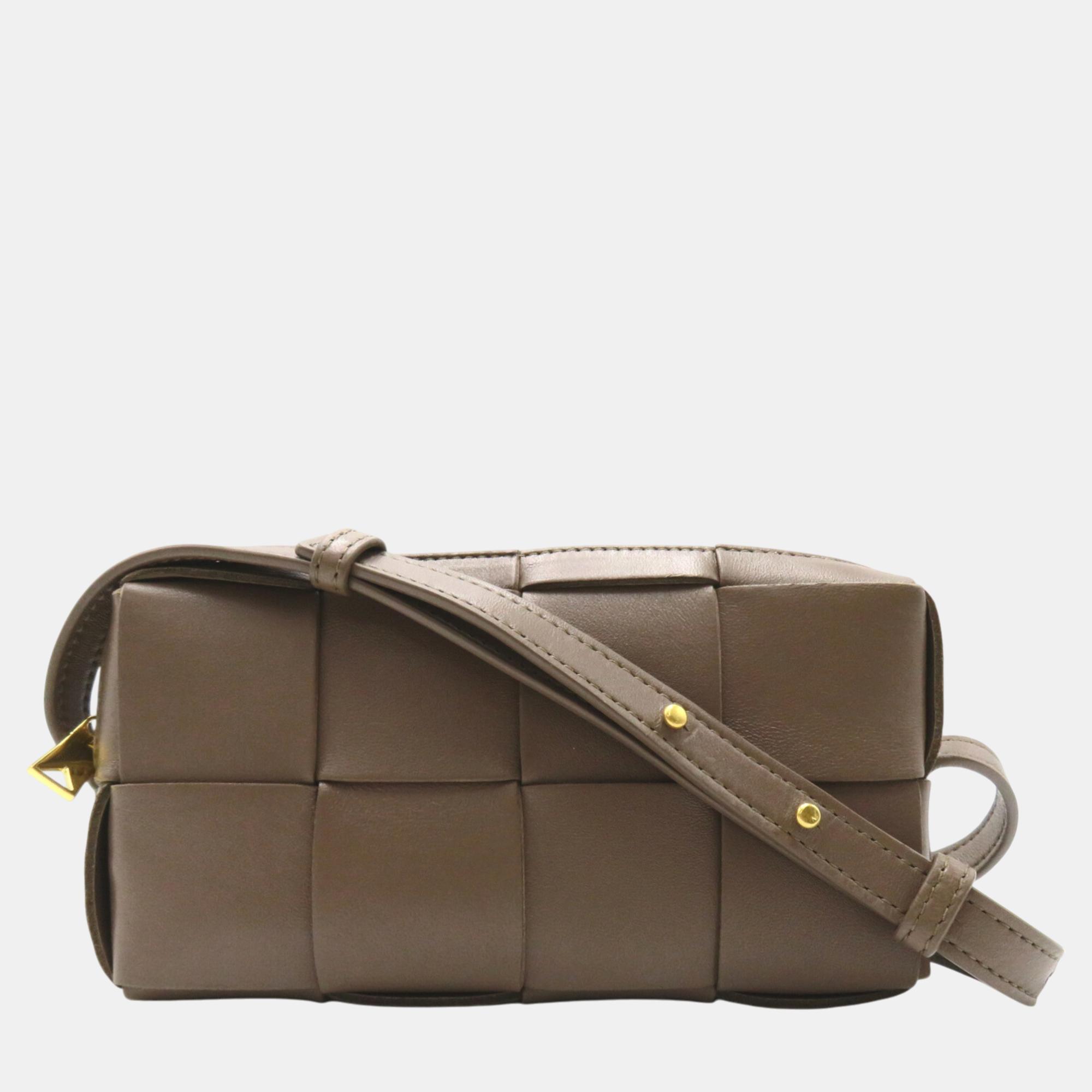 

Bottega Veneta Gray taupe gray leather Cassette mini crossbody bag, Brown