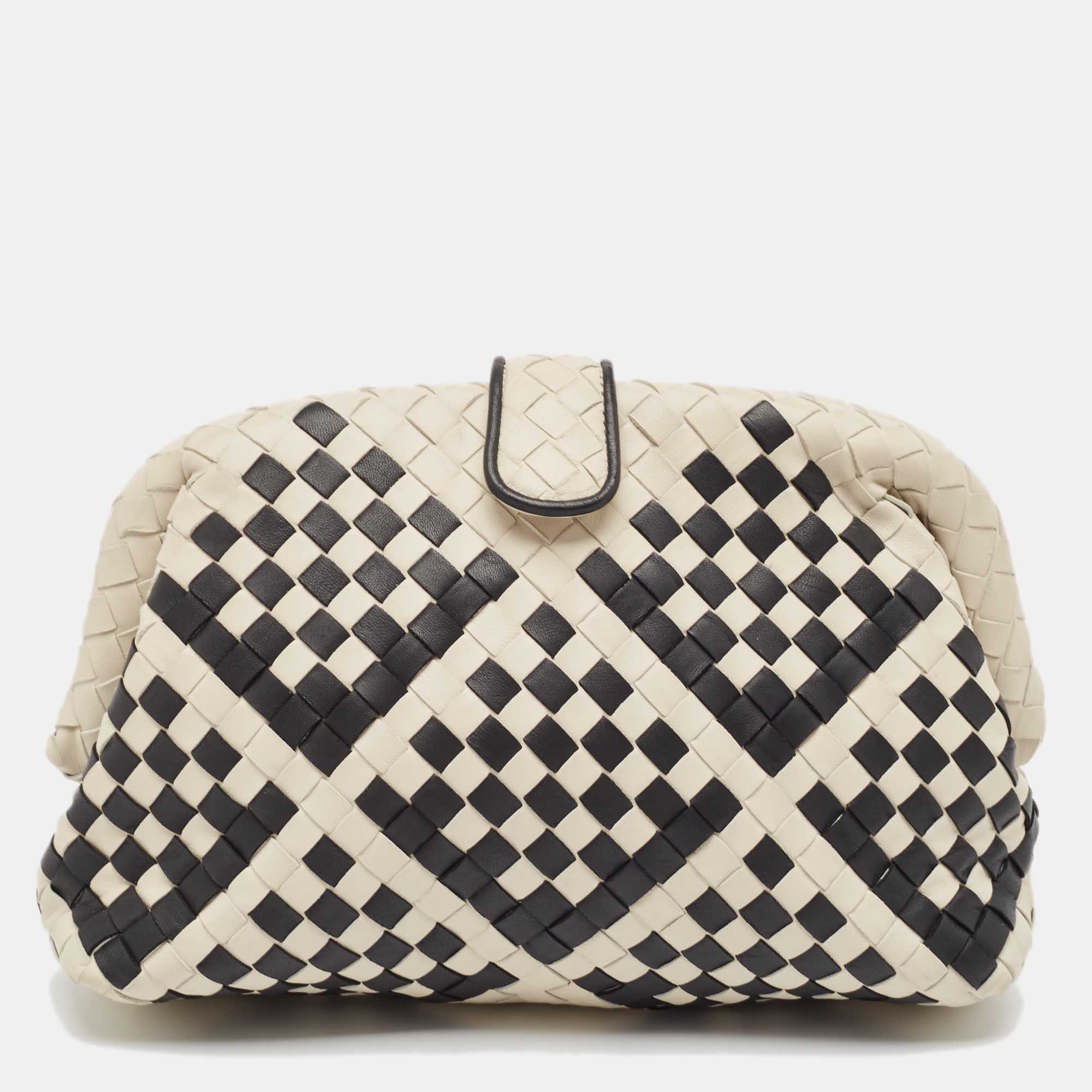 Bottega Veneta Off White/Black Intrecciato Leather Lauren 1980 Clutch 