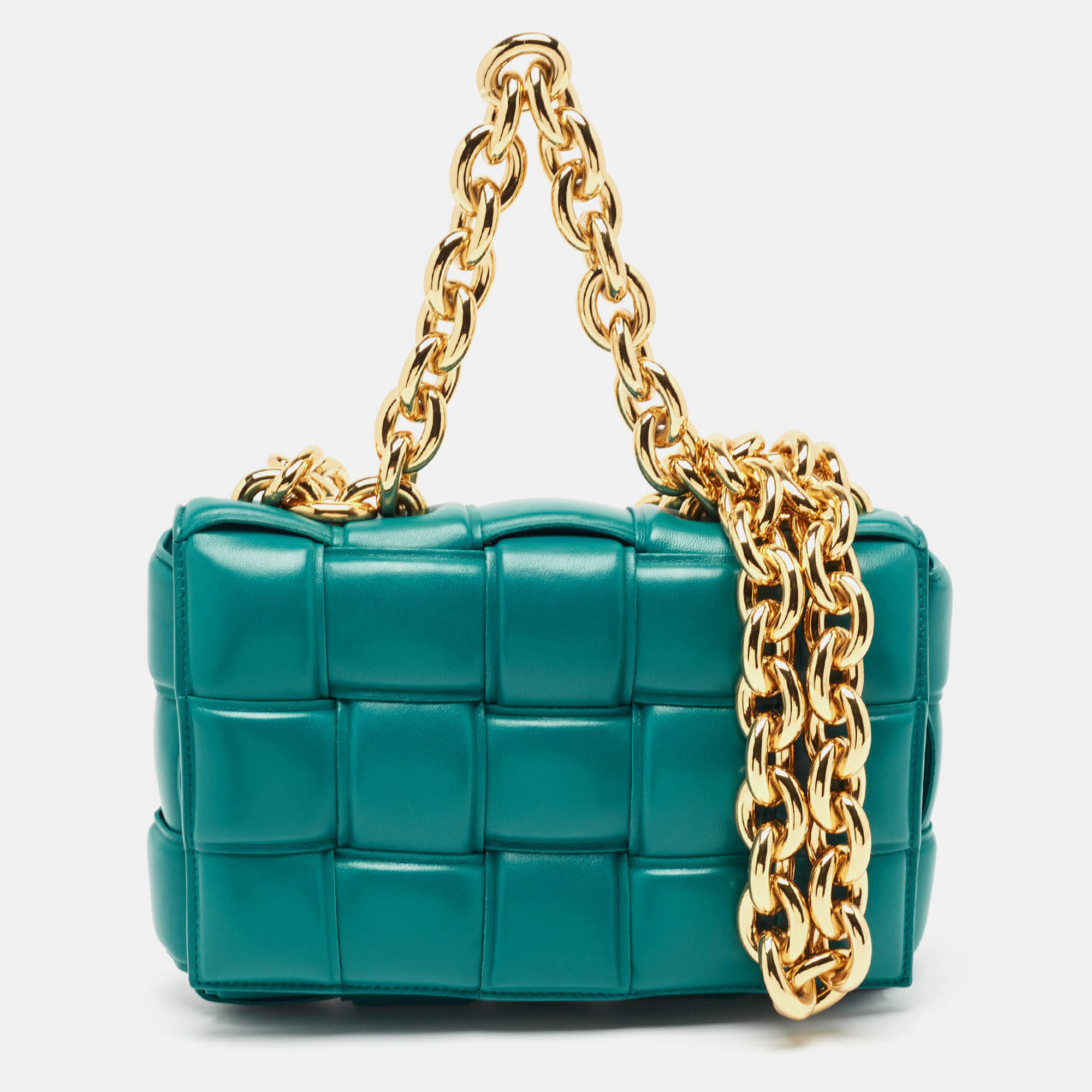 

Bottega Veneta Teal Green Leather Padded Chain Cassette Top Handle Bag