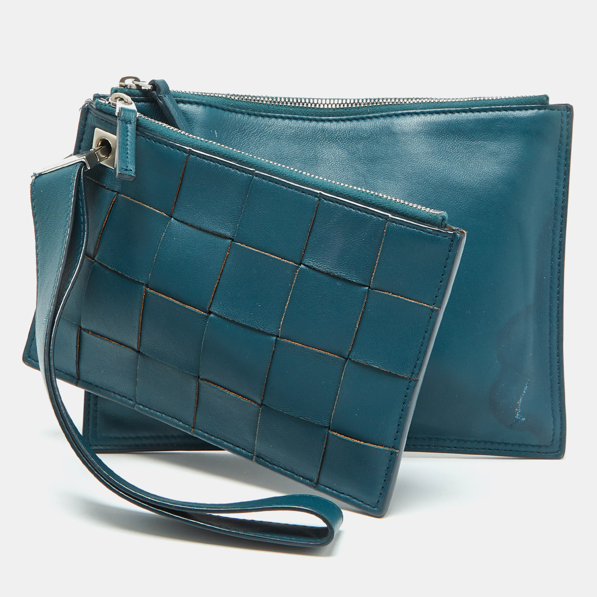 

Bottega Veneta Teal Green Leather Double Pouch Clutch