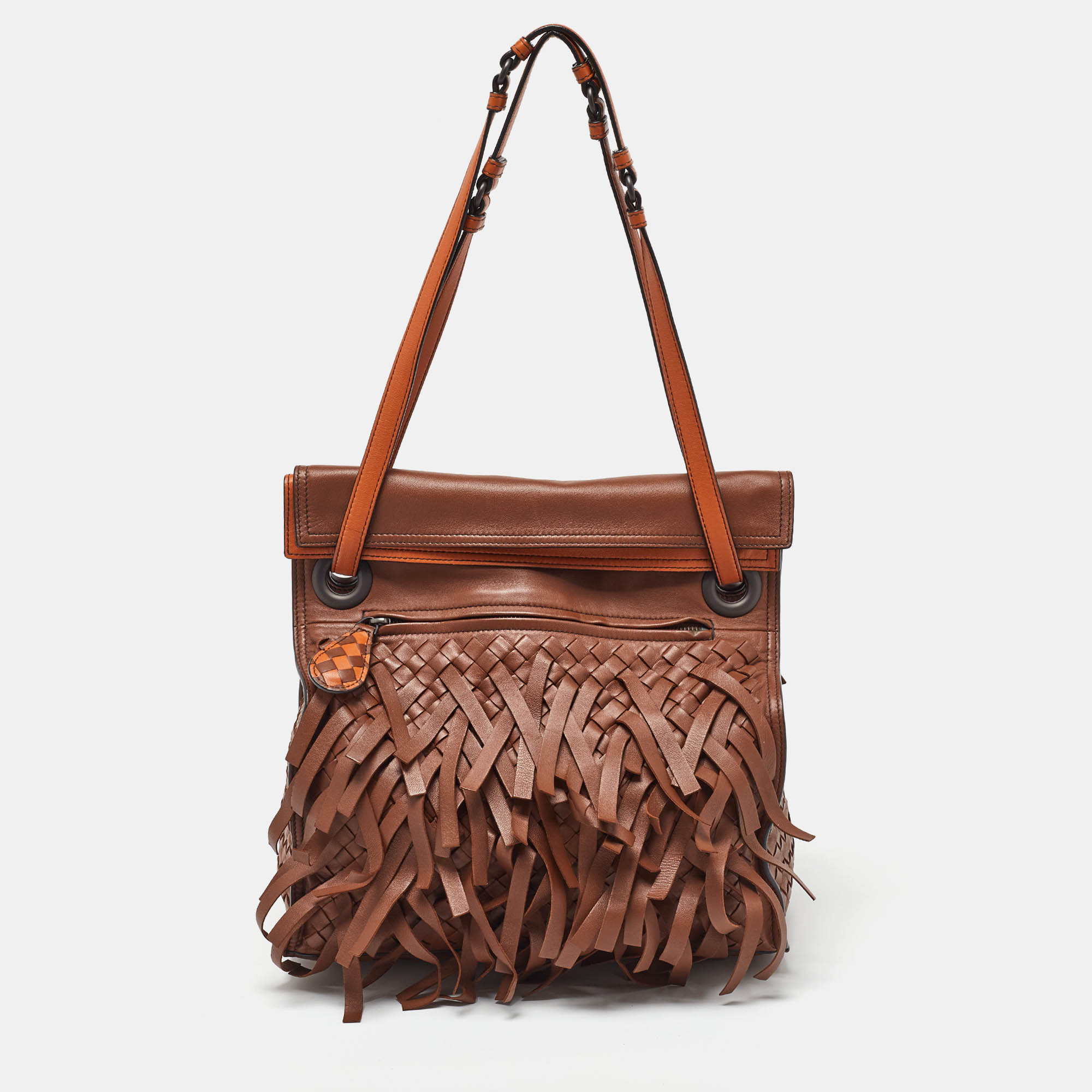 

Bottega Veneta Brown/Orange Leather Intrecciato Fringe Palio Tote