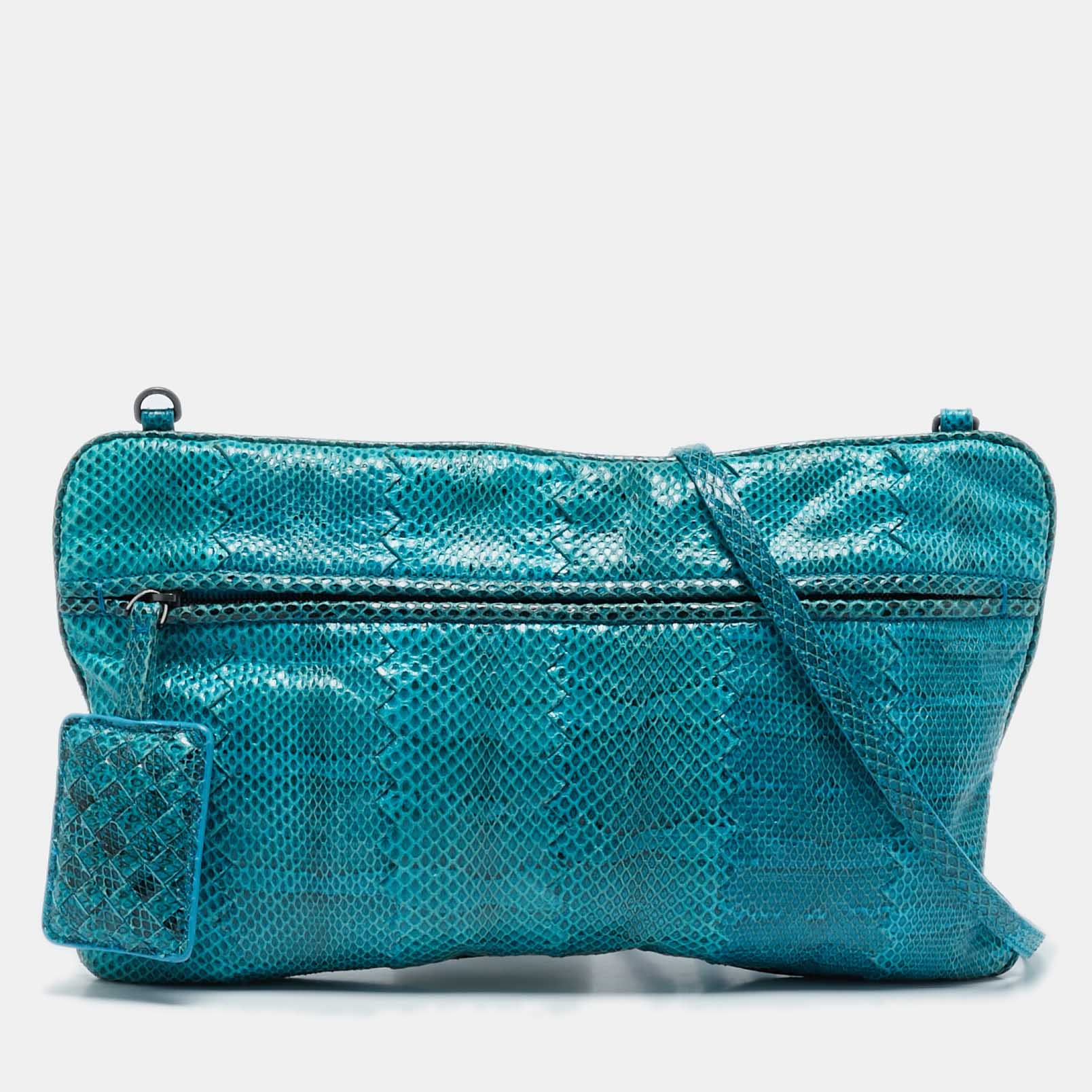 

Bottega Veneta Blue/Black Snakeskin Leather Zip Crossbody Bag