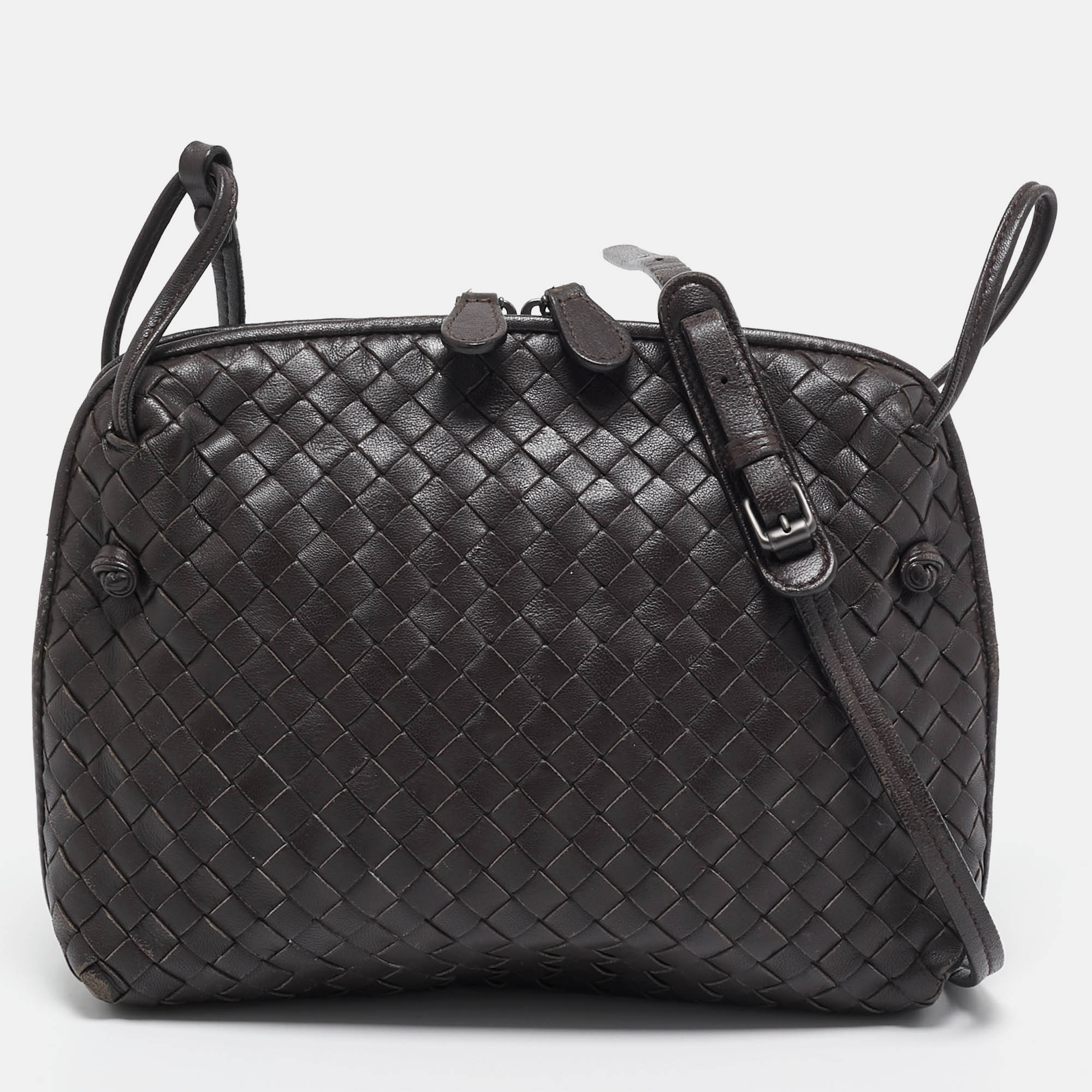 

Bottega Veneta Dark Brown Intrecciato Leather Nodini Crossbody Bag