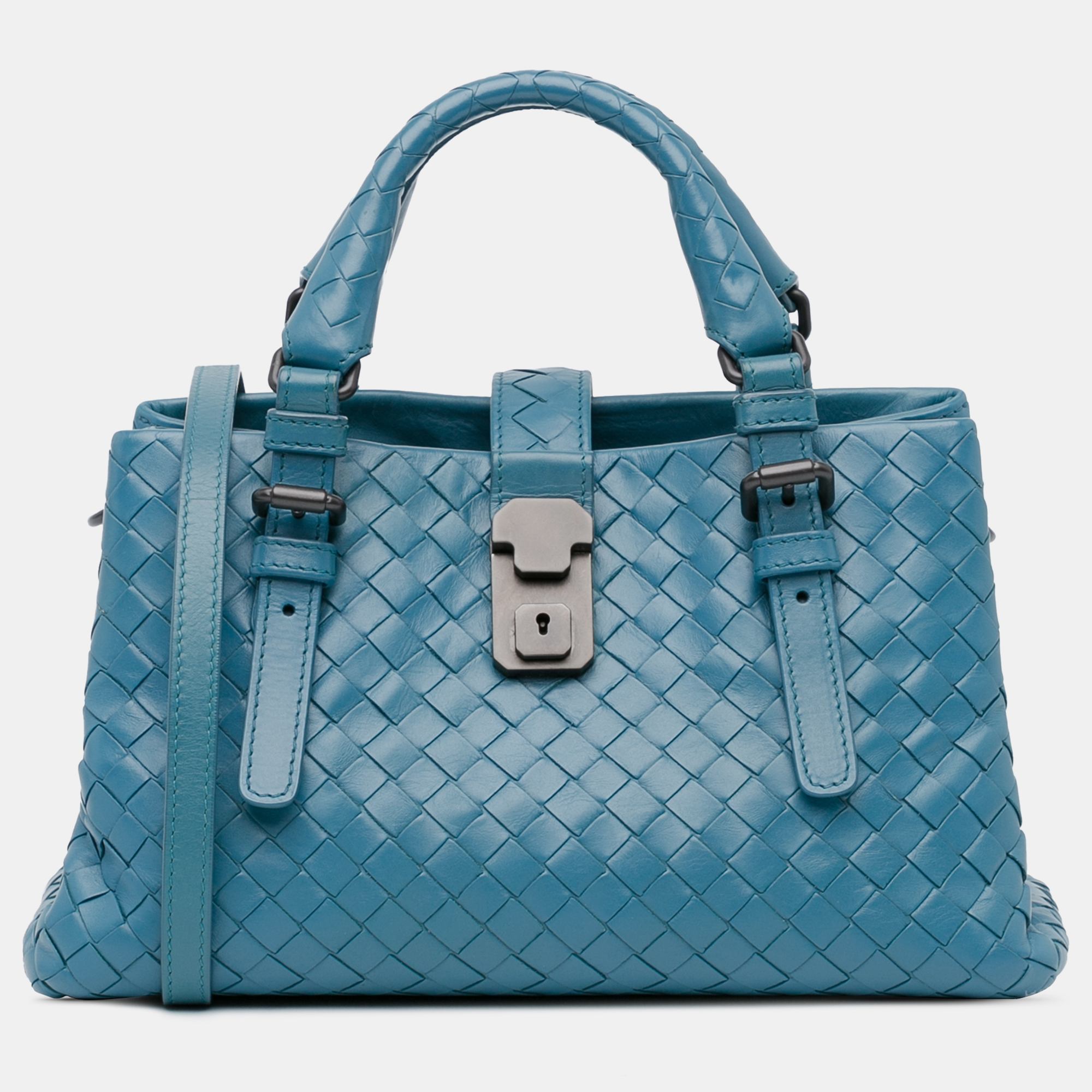 

Bottega Veneta Blue Leather Mini Nappa Intrecciato Roma Satchel