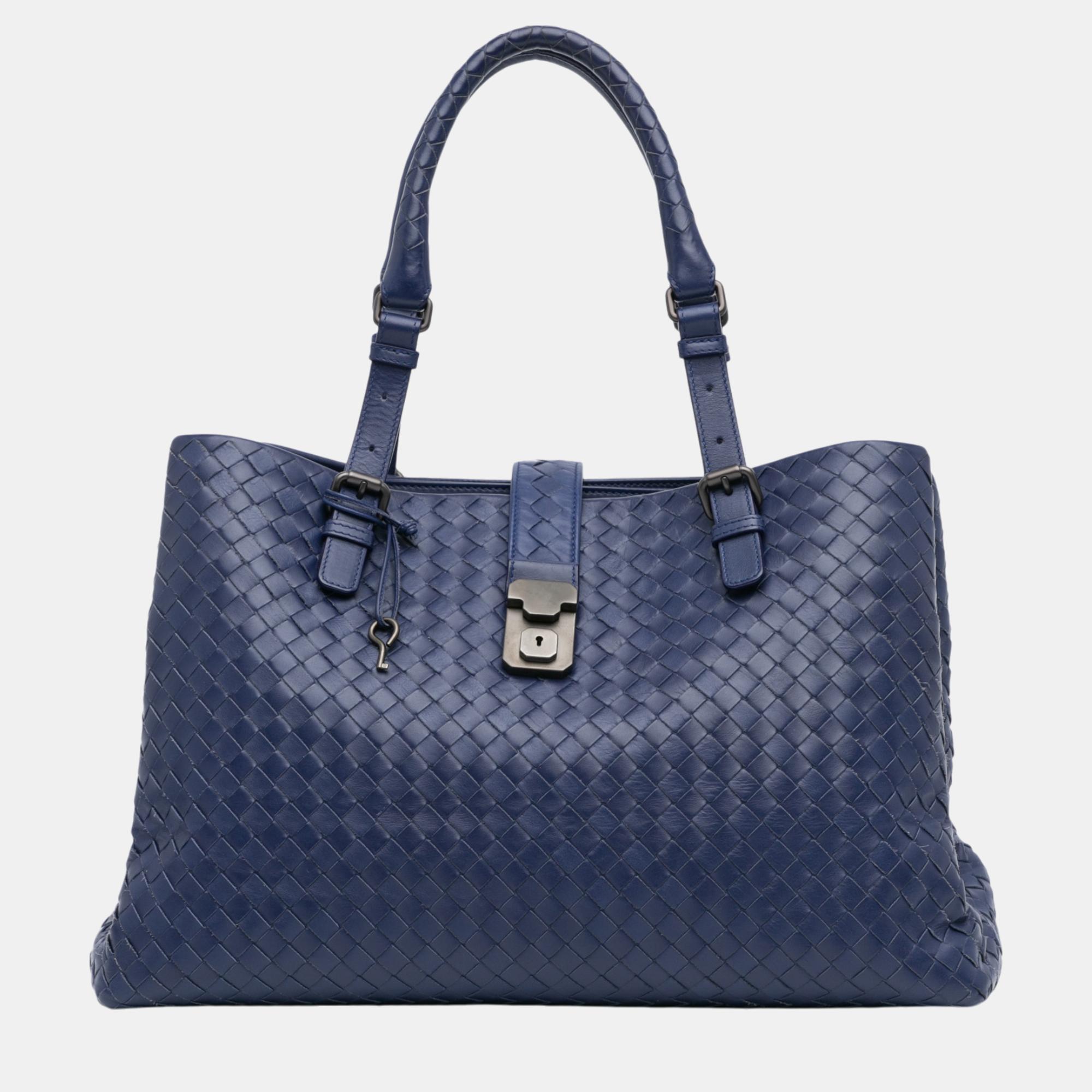 

Bottega Veneta Blue Medium Nappa Intrecciato Roma Tote