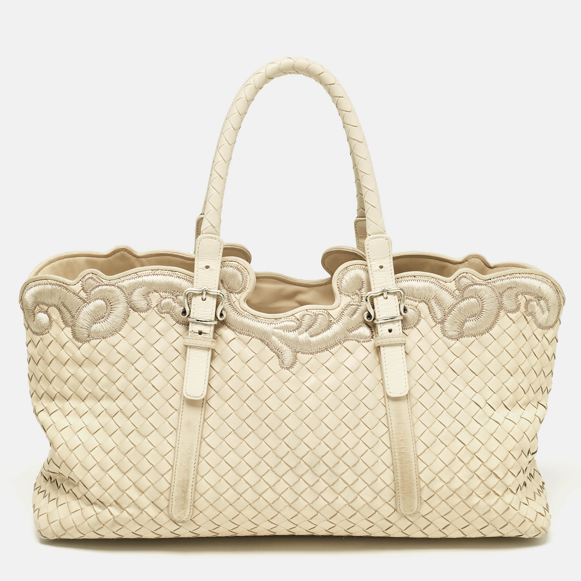 

Bottega Veneta Off White Intrecciato Leather Embroidered Trim Tote