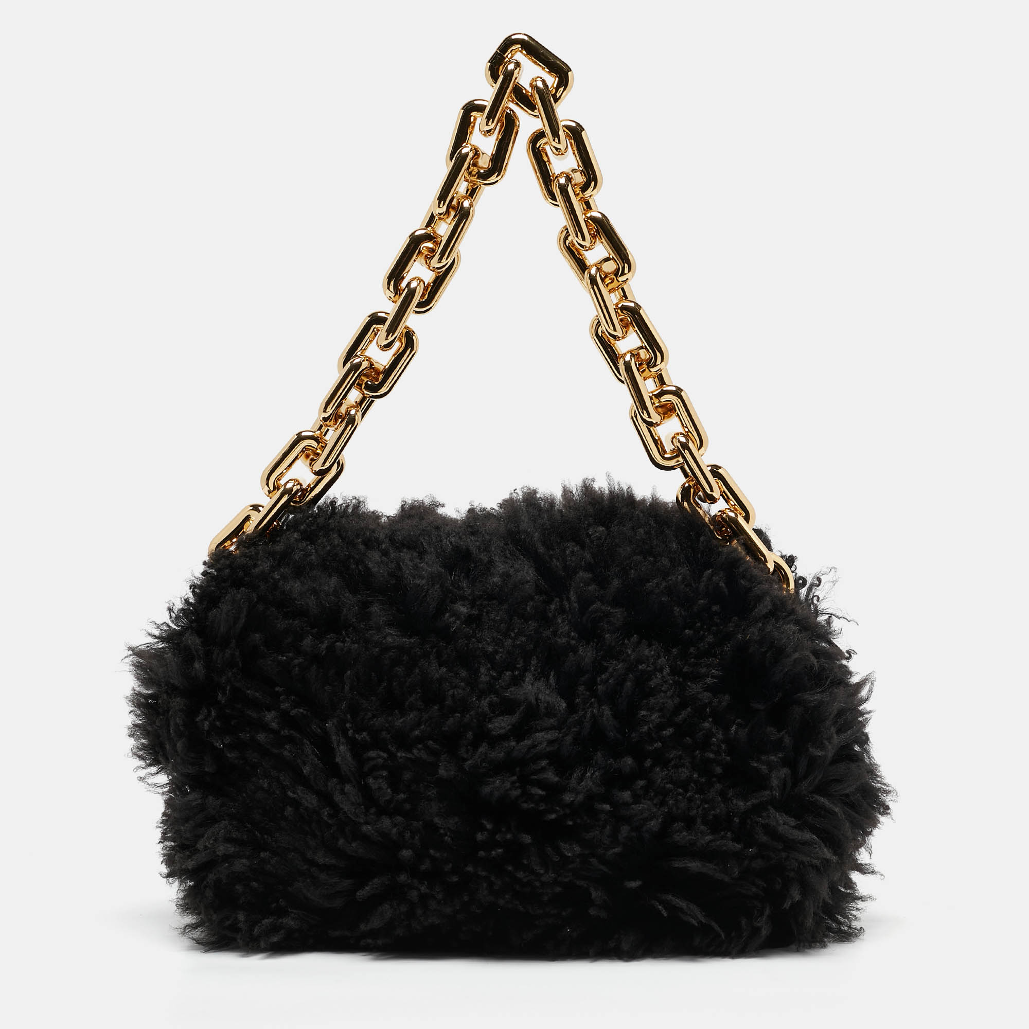 

Bottega Veneta Black Shearling Fur Classic The Pouch Chain Clutch